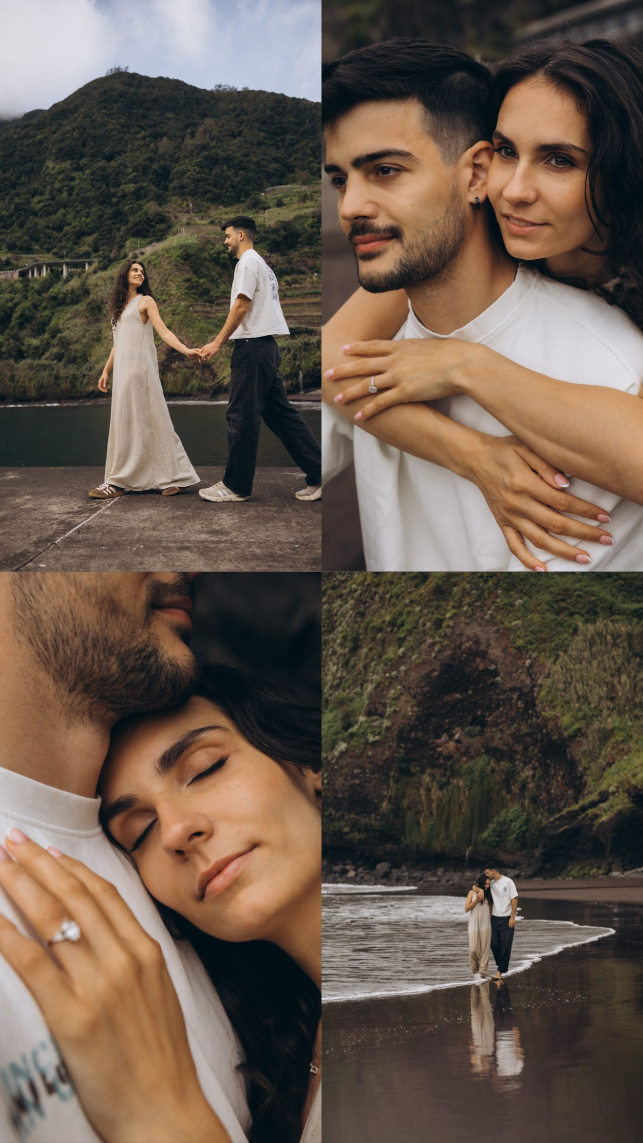 Romantic couple engagement at Seixal Beach, Madeira — intimate moment by the ocean.