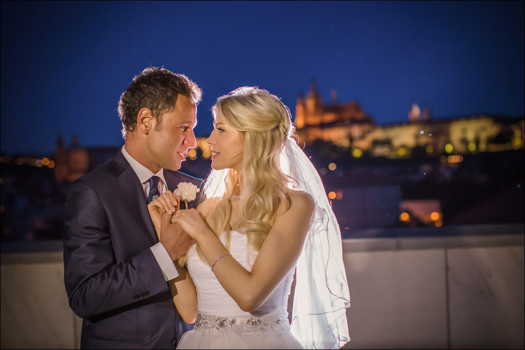 Quiet starry night moment newlyweds rooftop Four Seasons Prague