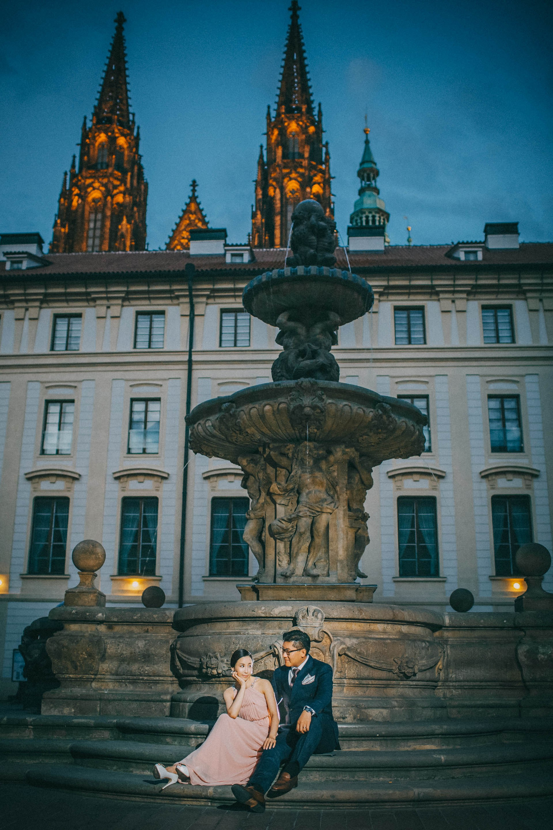 Catherine Cedric Son fountain courtyard St. Vitus Prague Castle night portrait.
