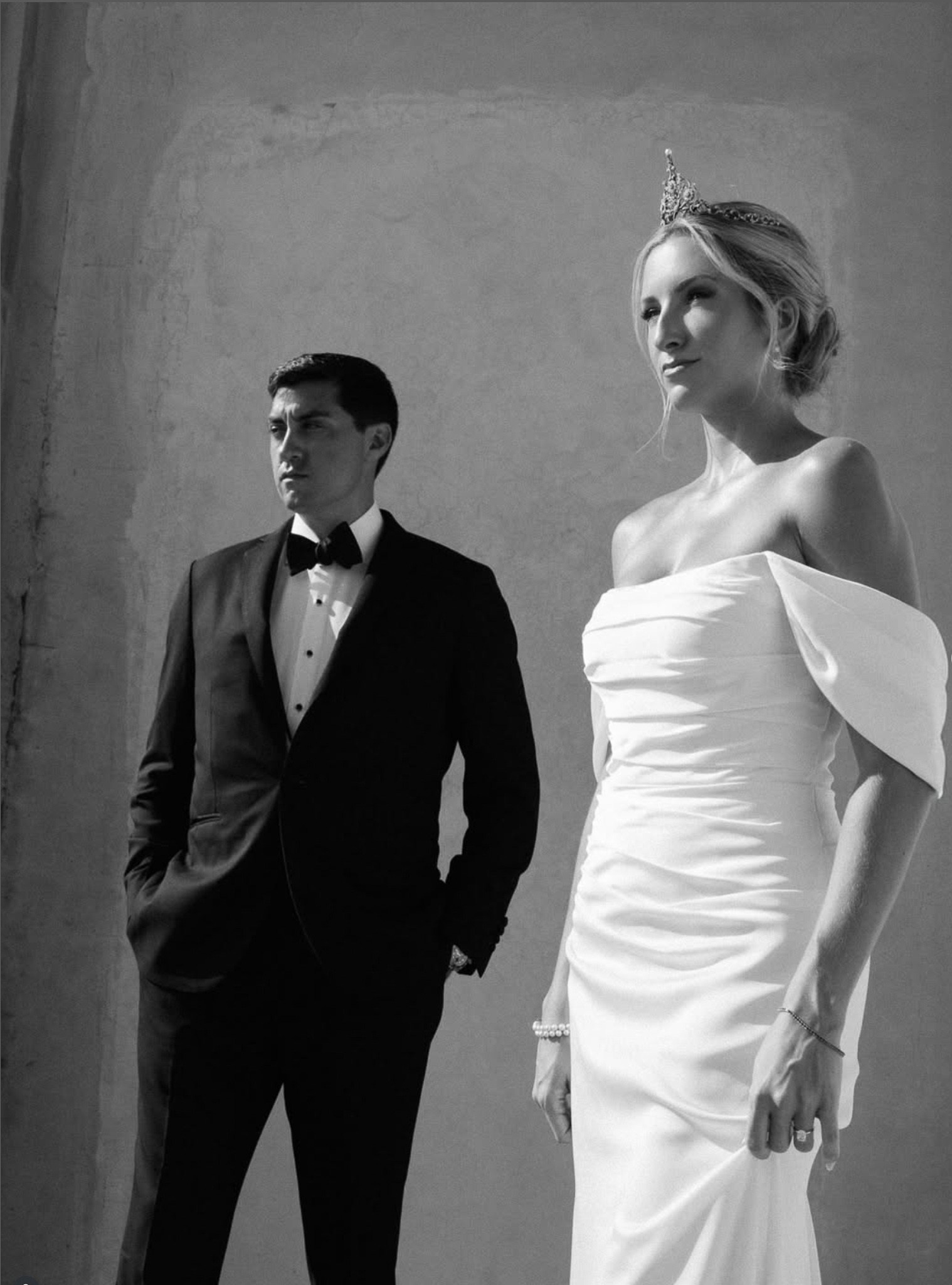 Black and white portrait of the bride in her tiara and groom in a tuxedo before their Son Marroig wedding