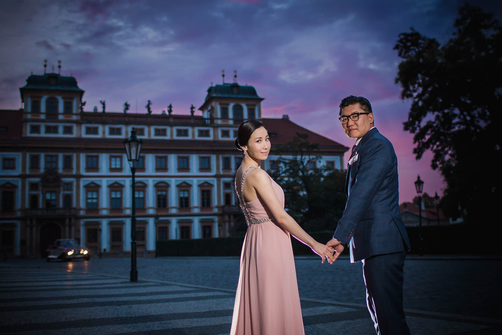 Catherine Cedric Son purple sky Prague Castle sunset portrait.
