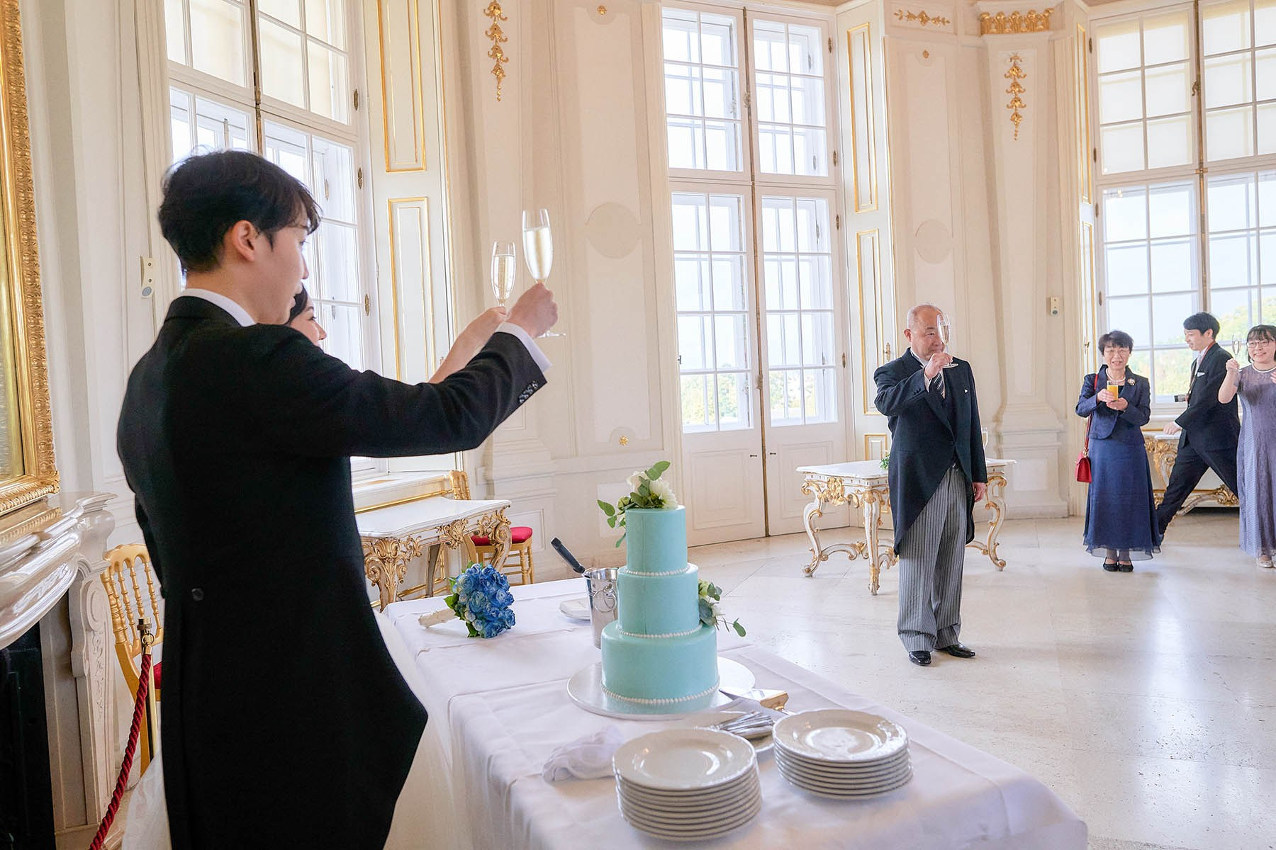 Newlyweds toasting families during Belvedere Palace reception.