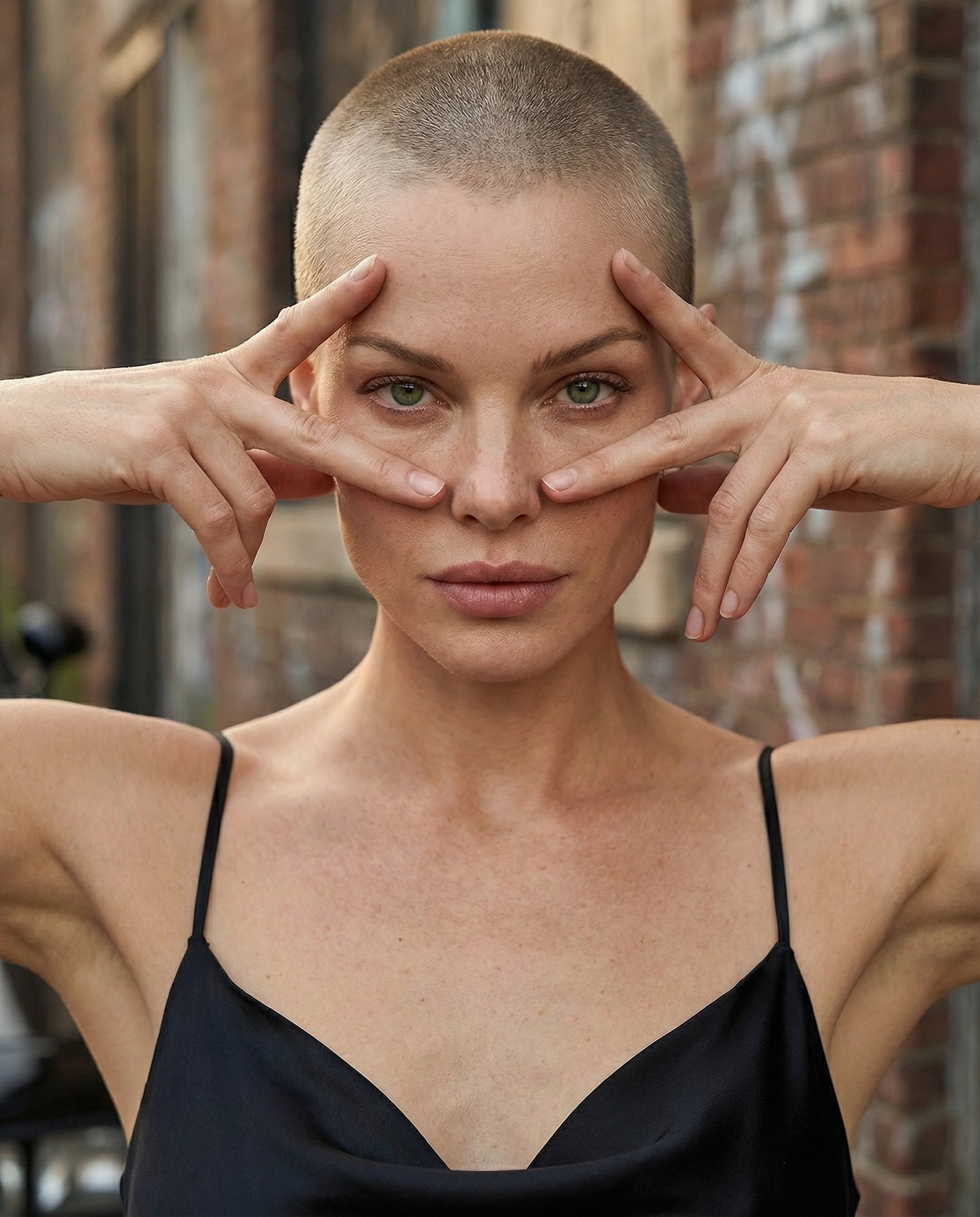 Close-up portrait of a woman in a black satin slip dress framing her eyes with her fingers in geometric shapes, cinematic beauty portrait with natural light and brick background.