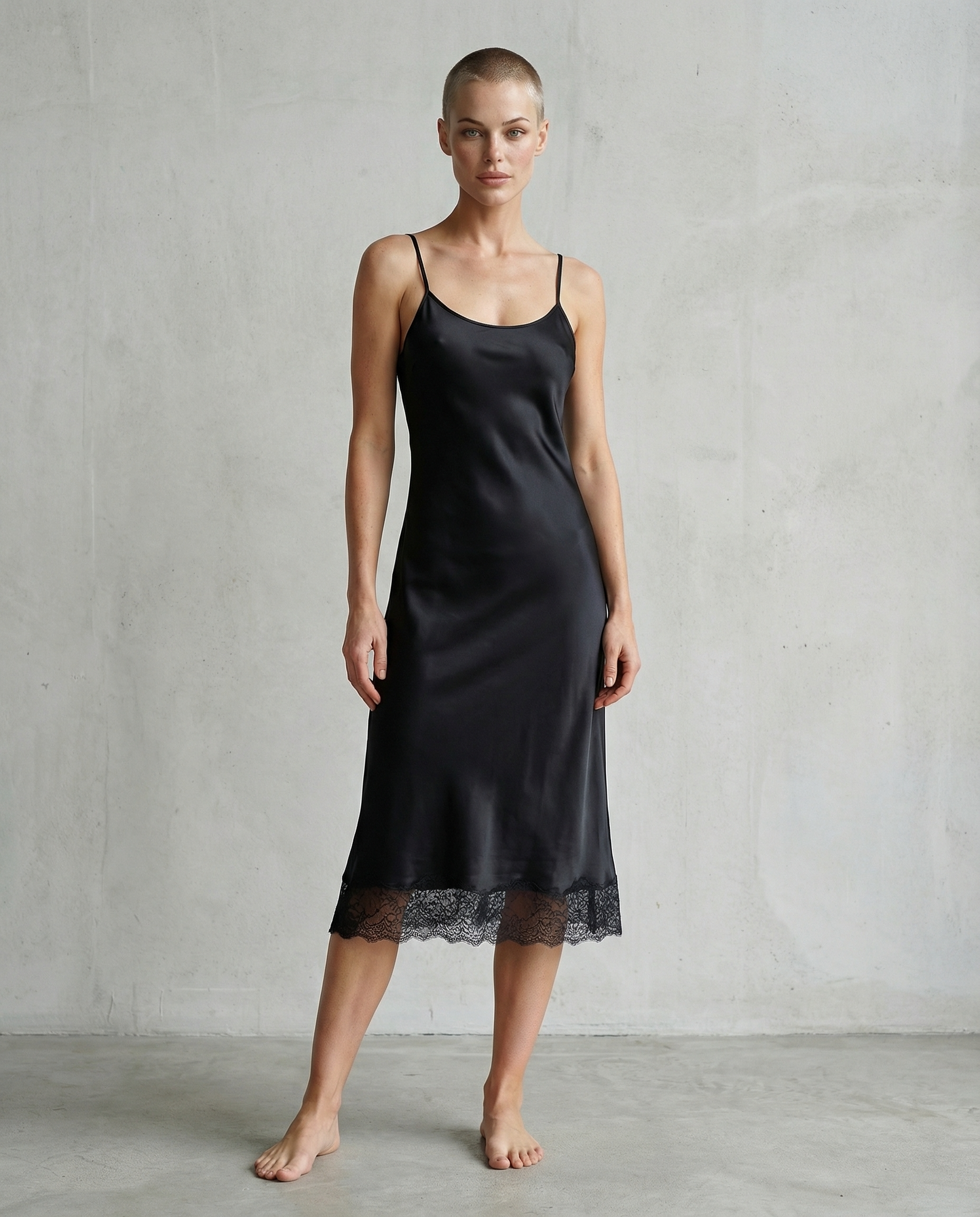 Woman wearing a black satin slip dress with lace hem standing against a light concrete wall, minimalist fashion portrait highlighting fabric texture and silhouette.