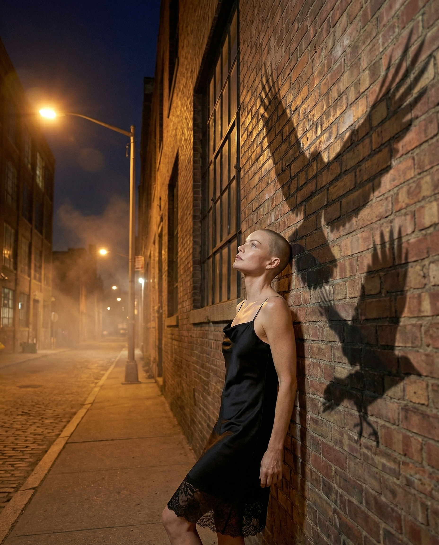 Woman in black satin slip dress leaning against a brick wall at night with dramatic bird shadows on the wall, cinematic urban street scene under streetlights.