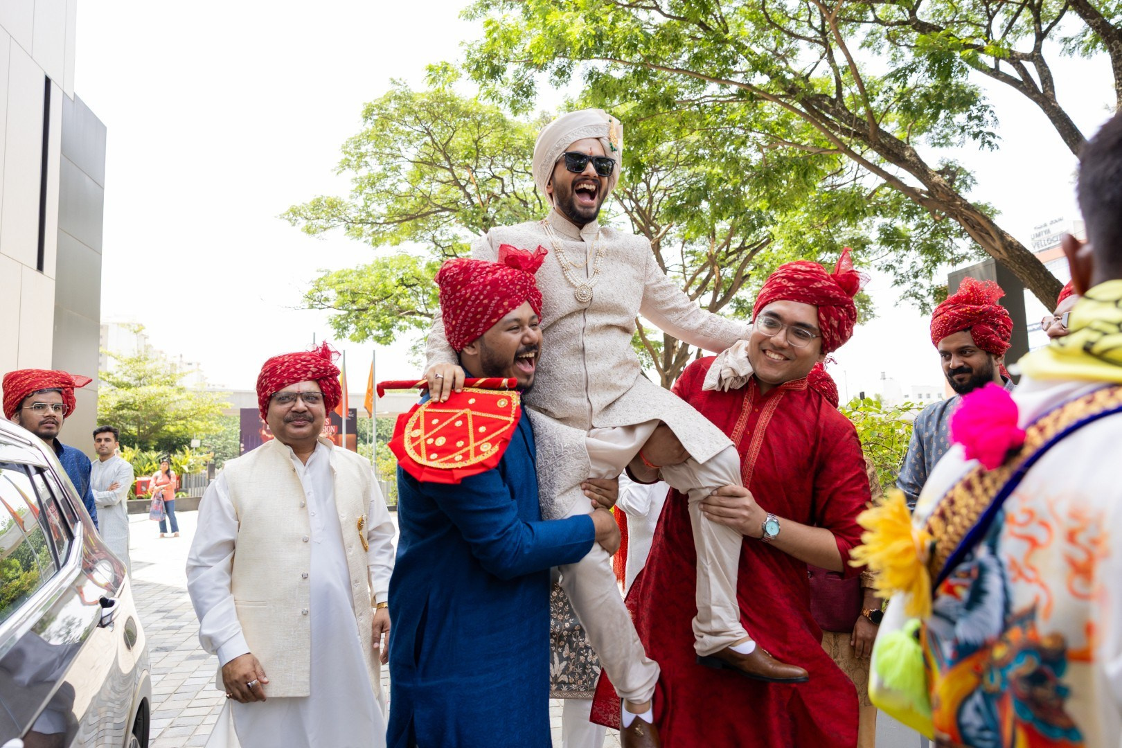 Hands in the Air: Chiranjeev & Niharika at Hyatt Centric Hebbal. Truly Yours | Documentary Wedding Photography & Films | Sharath Padaru, Bangalore