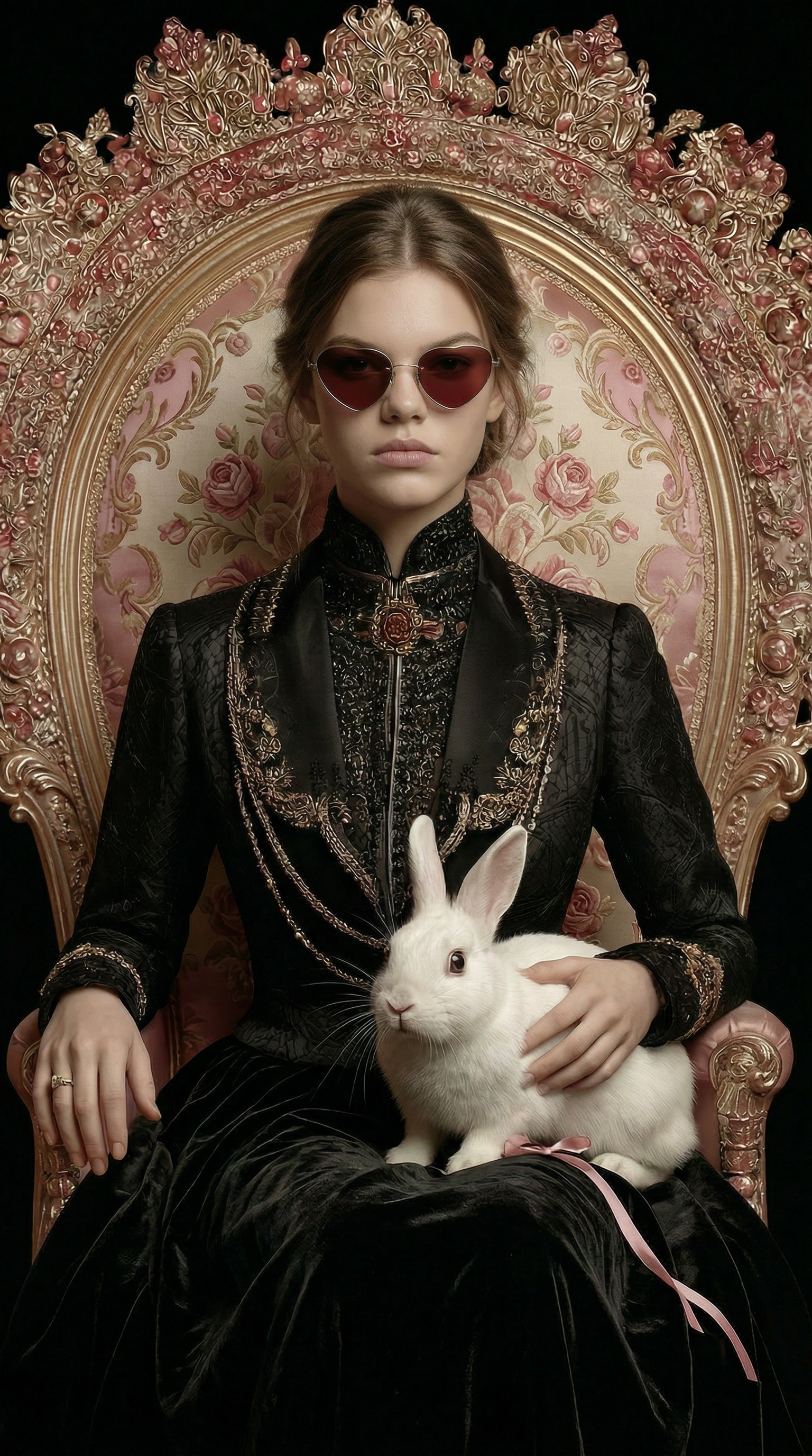 woman sitting on ornate baroque throne holding white rabbit wearing red glasses, surreal fine art portrait photography