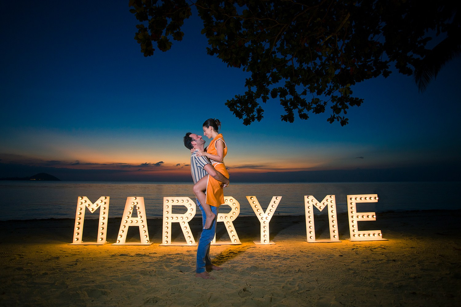 LED letters. Romantic proposal on Koh Samui, Thailand