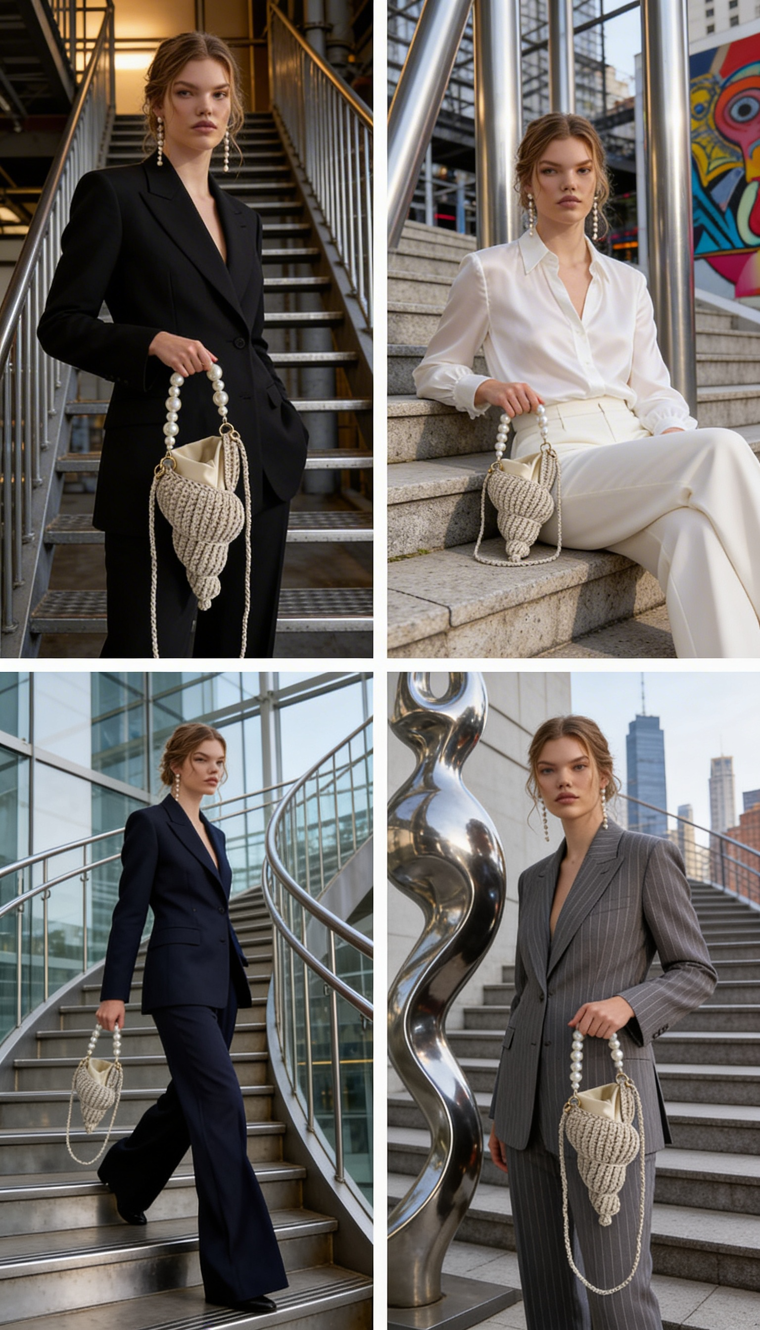 Fashion model wearing elegant tailored suits and holding a handmade knitted rope handbag while posing on modern urban stairs with glass architecture, editorial fashion photography.