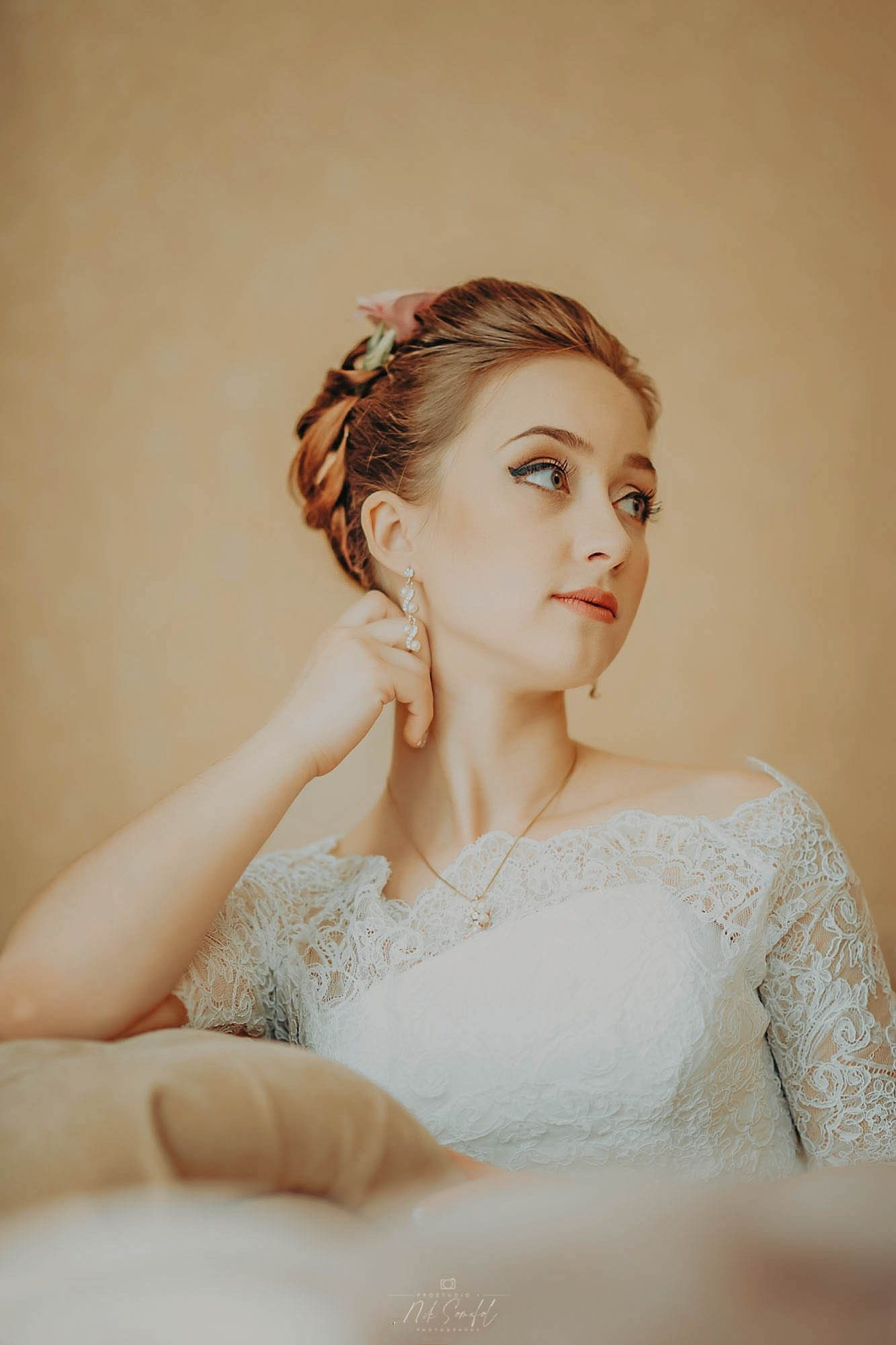Fine art bridal portrait Miami — bride in lace dress in soft window light
