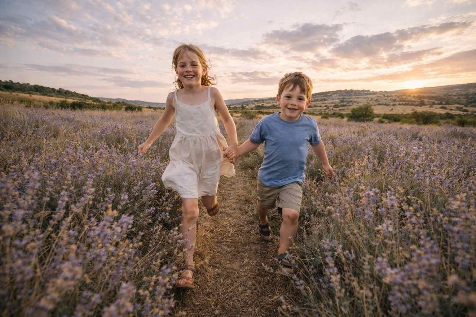 дети бегут по лавандовому полю живая фотосессия Пловдив