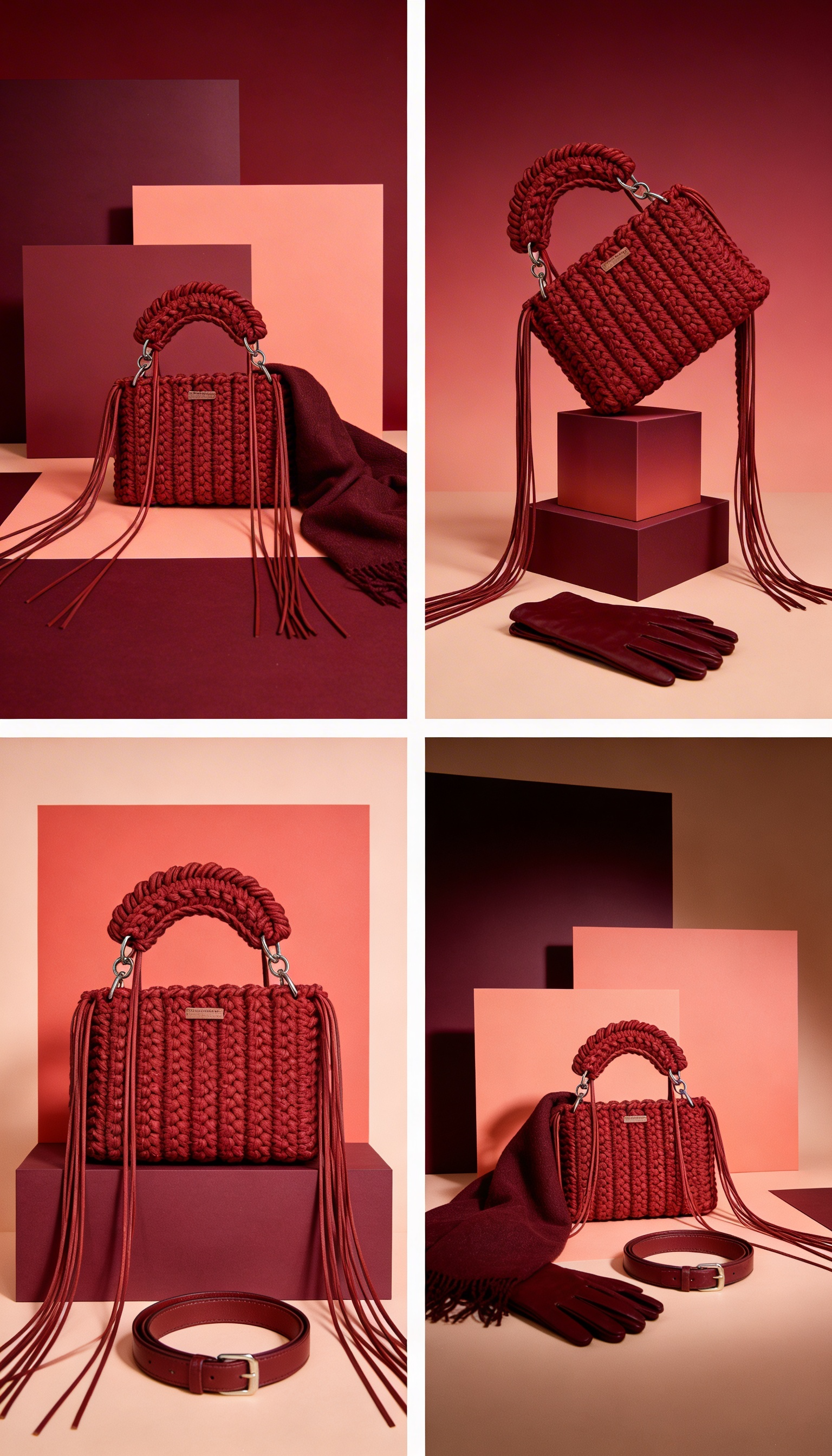 Red macramé handbag with leather accessories in monochrome red studio setup, minimalist geometric fashion product photography