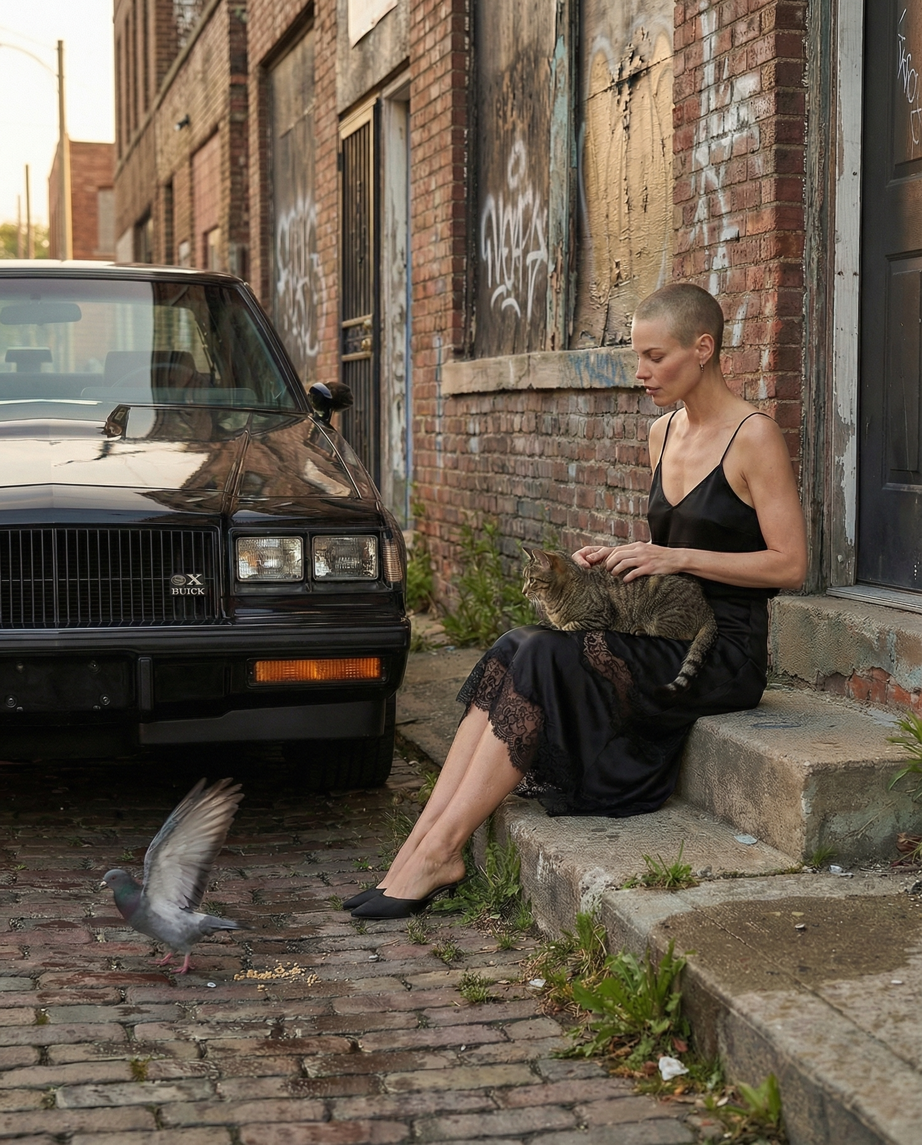 Woman in a black satin slip dress sitting on urban steps with a cat on her lap beside a 1987 Buick Grand National, cinematic street scene with cobblestones and brick walls.