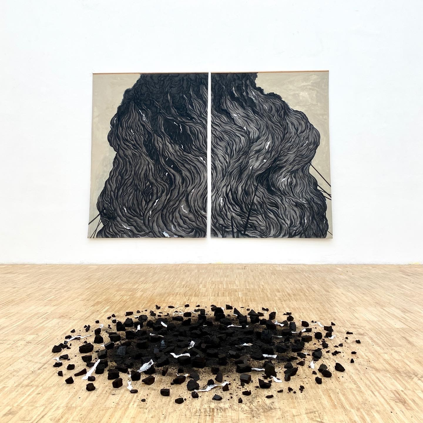 Encre de bois, fusain sur tissu. 260x190cm