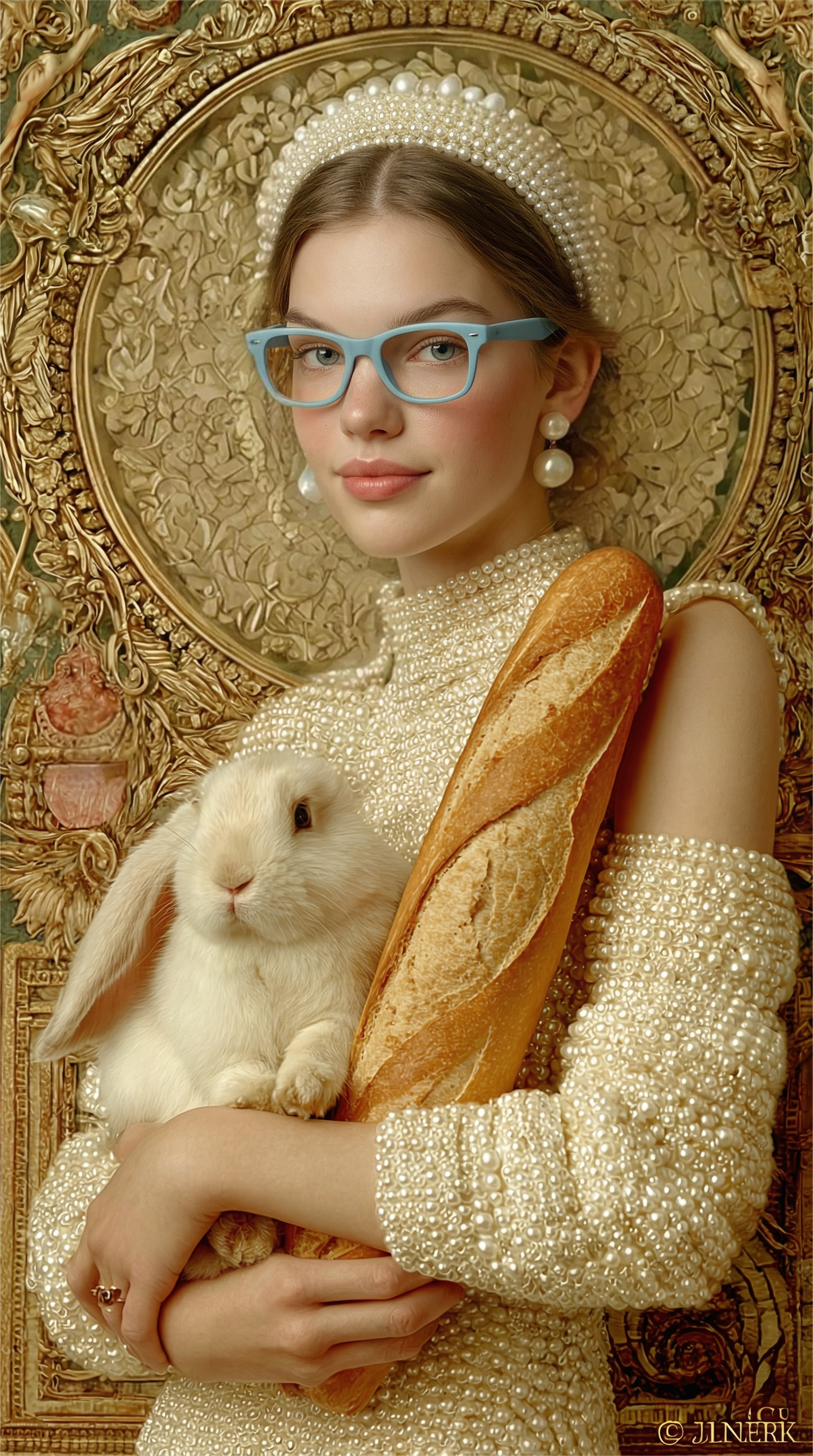 woman in pearl dress holding white rabbit and baguette in ornate baroque golden setting, surreal fine art portrait photography