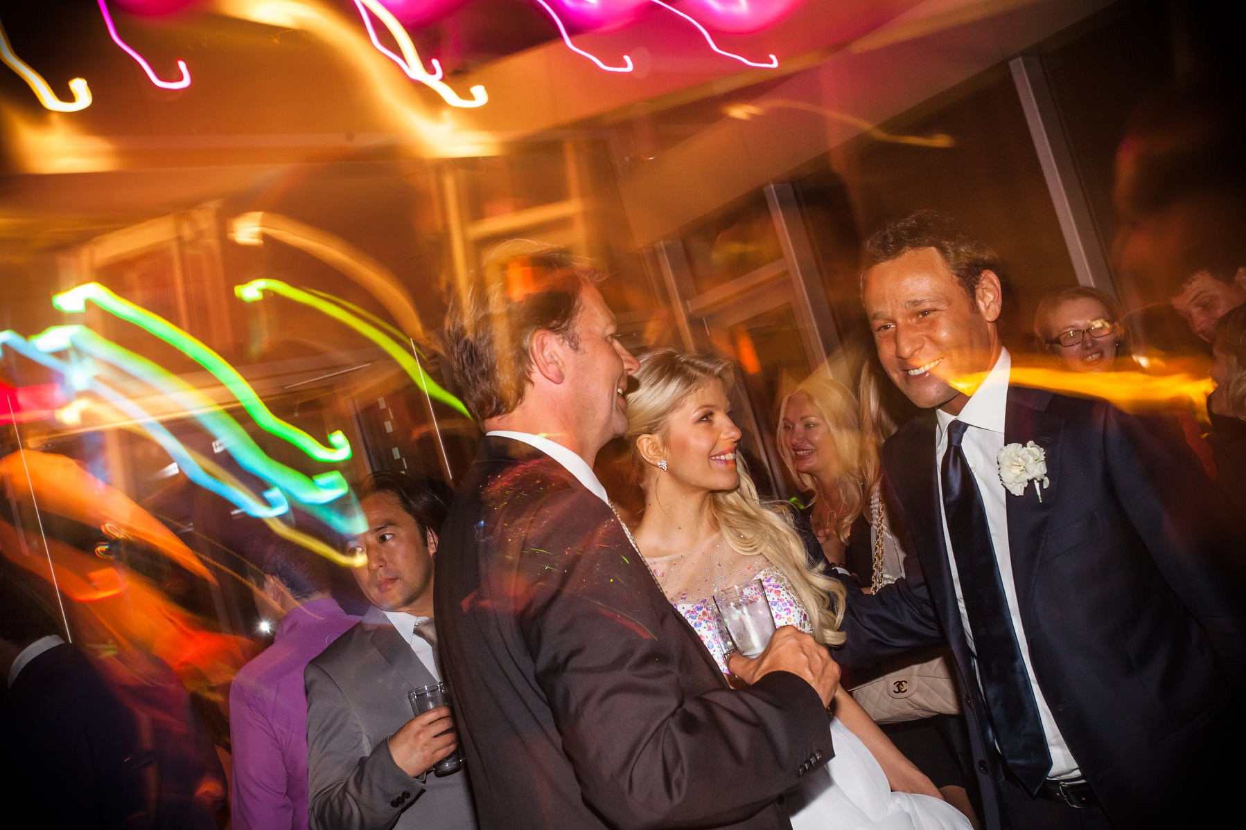 Colorful motion blur party atmosphere Cloud 9 Sky Bar Prague wedding