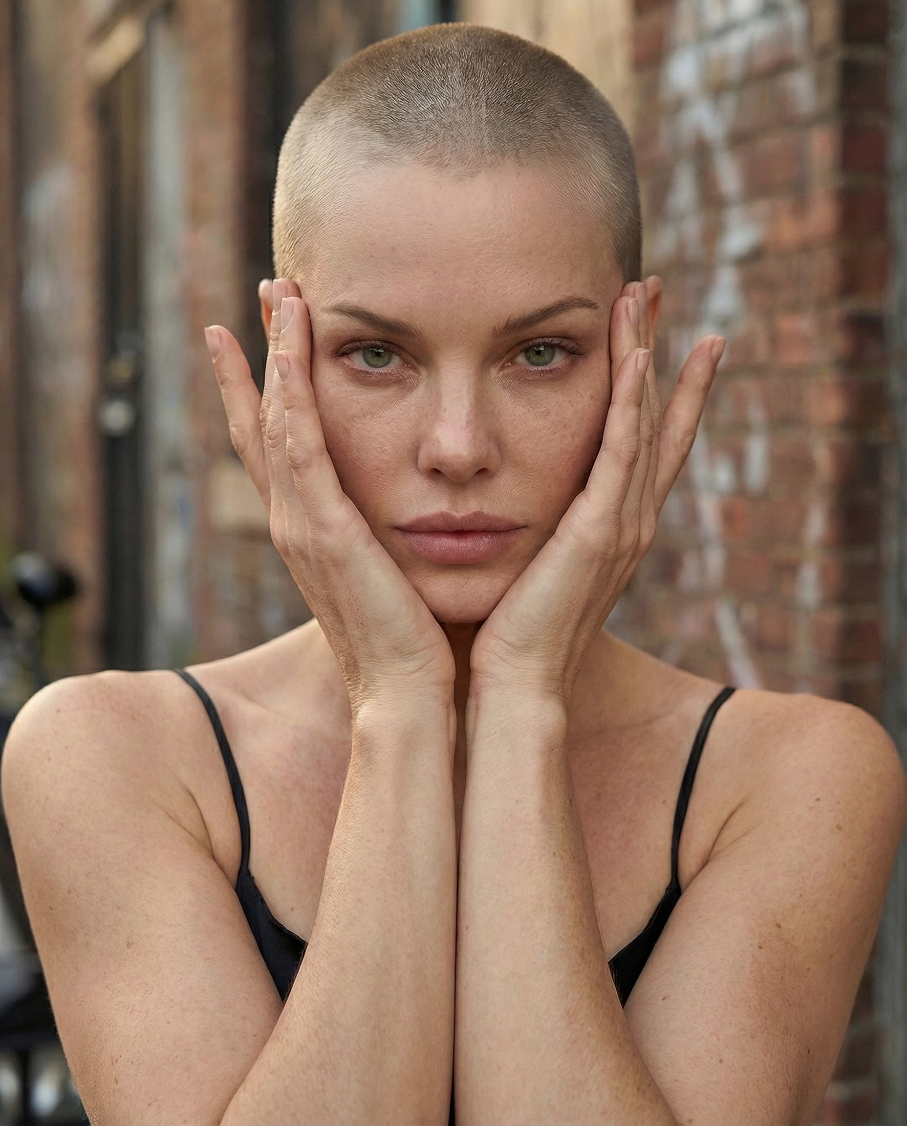 Close-up portrait of a woman with shaved hair holding her hands against her face in a symmetrical pose, wearing a black satin slip dress with an urban brick background.