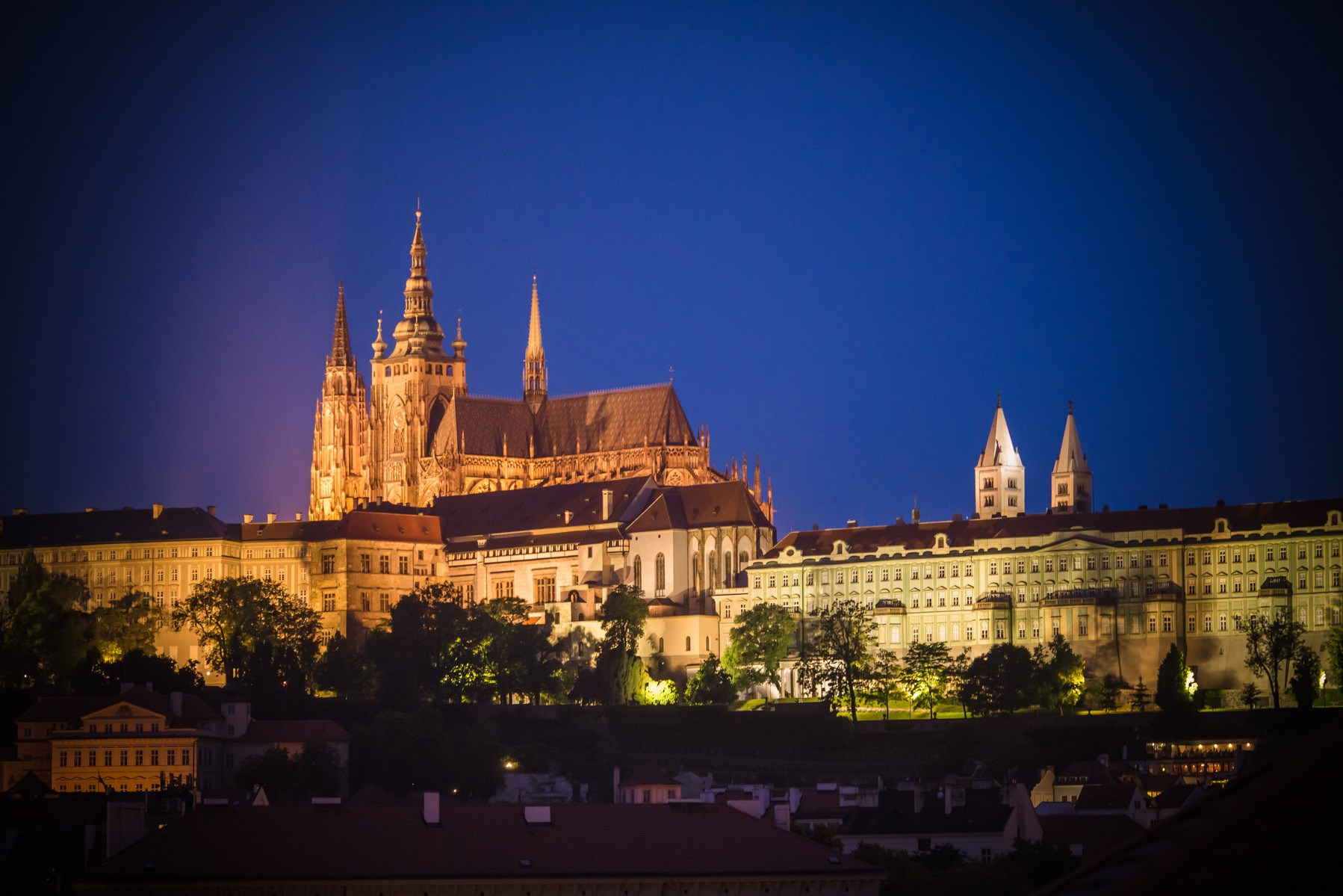 Nighttime view Prague Castle from Four Seasons Hotel wedding venue