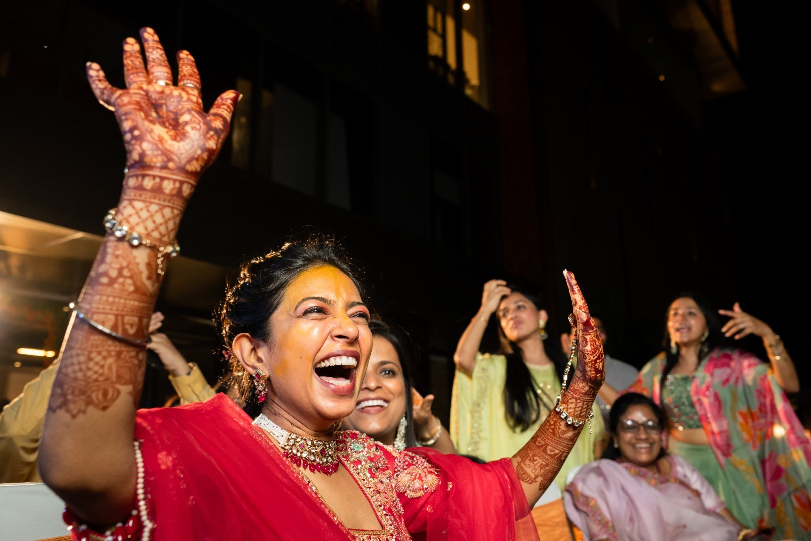Hands in the Air: Chiranjeev & Niharika at Hyatt Centric Hebbal. Truly Yours | Documentary Wedding Photography & Films | Sharath Padaru, Bangalore