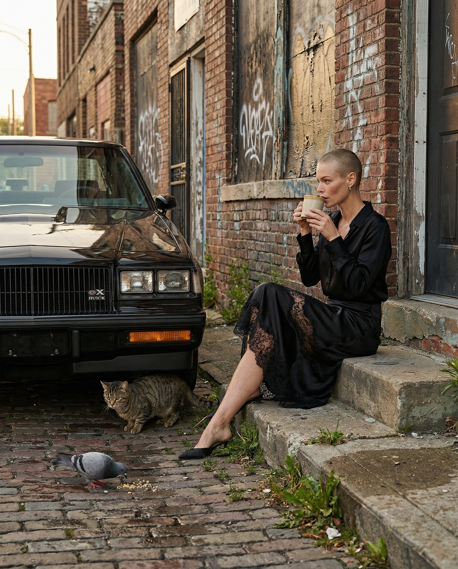 Woman in a black satin slip dress sitting on urban steps and drinking coffee beside a vintage car, cinematic street portrait with brick walls, cobblestones and gritty city textures.