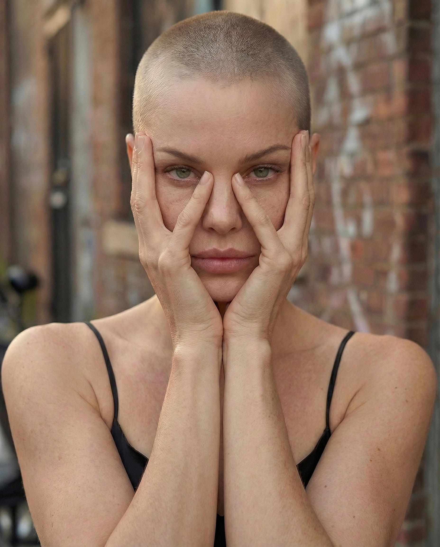 Close-up portrait of a woman with shaved hair framing her eyes with V-shaped fingers while pressing her palms to her face, wearing a black satin slip dress with an urban brick background.