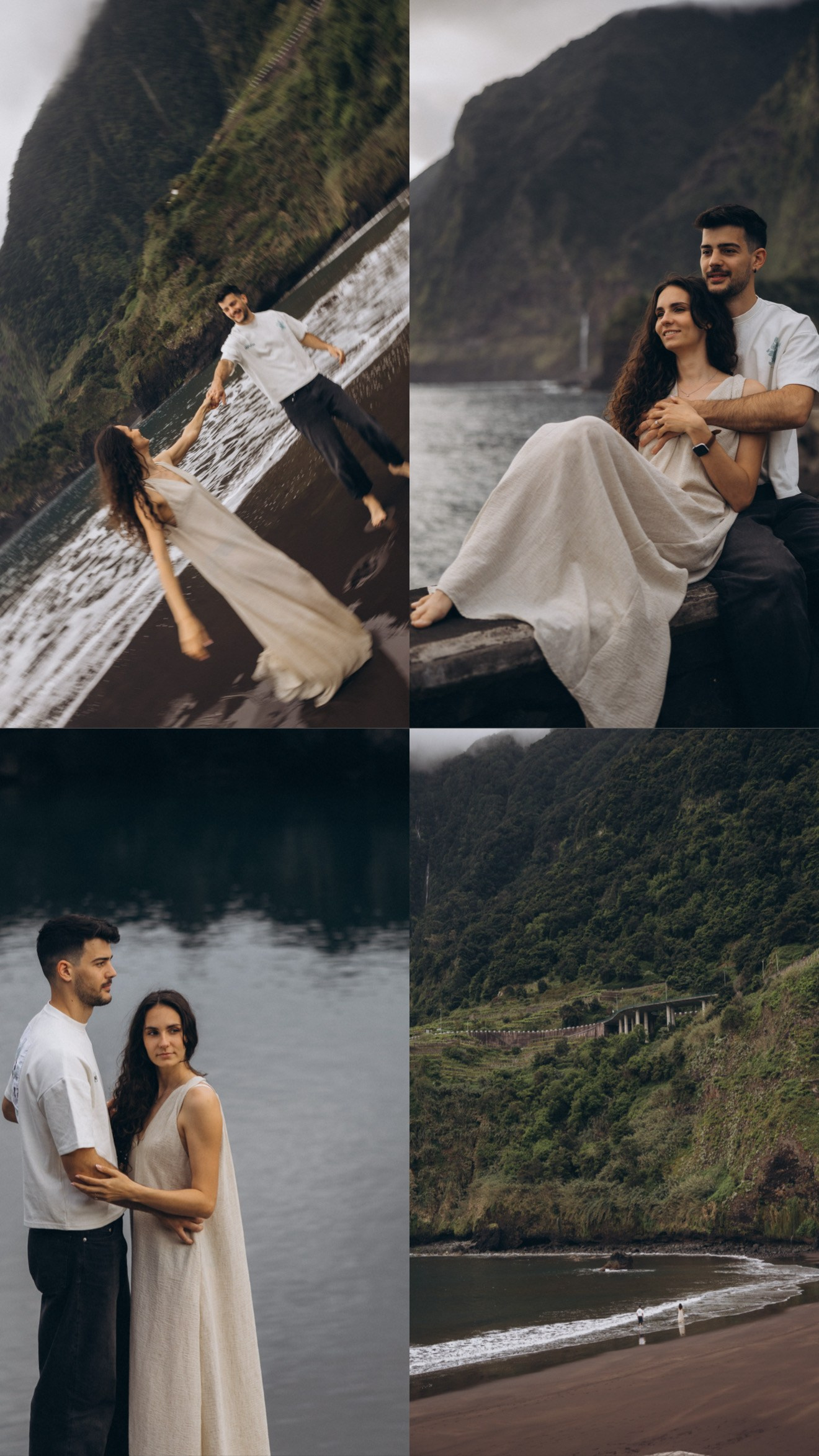 Cinematic engagement photoshoot in Madeira — couple at Seixal Beach cliffs.
