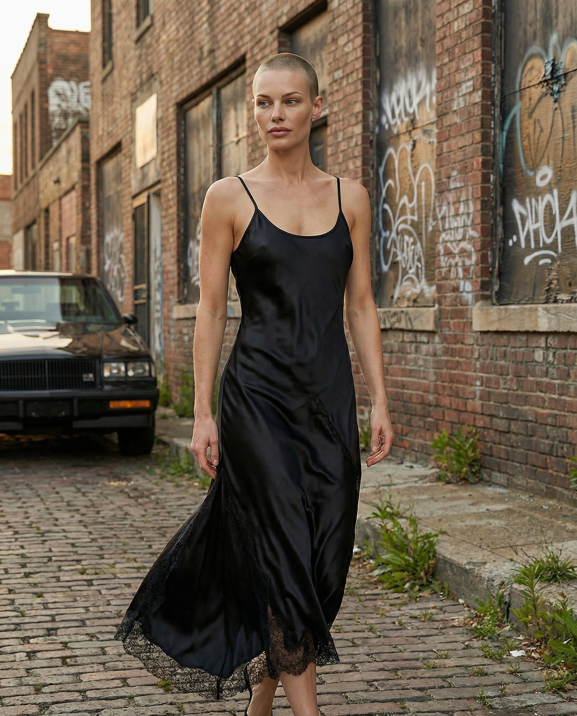 Woman in a black satin slip dress walking along a cobblestone street beside graffiti covered brick walls with a vintage car in the background, cinematic urban fashion portrait.