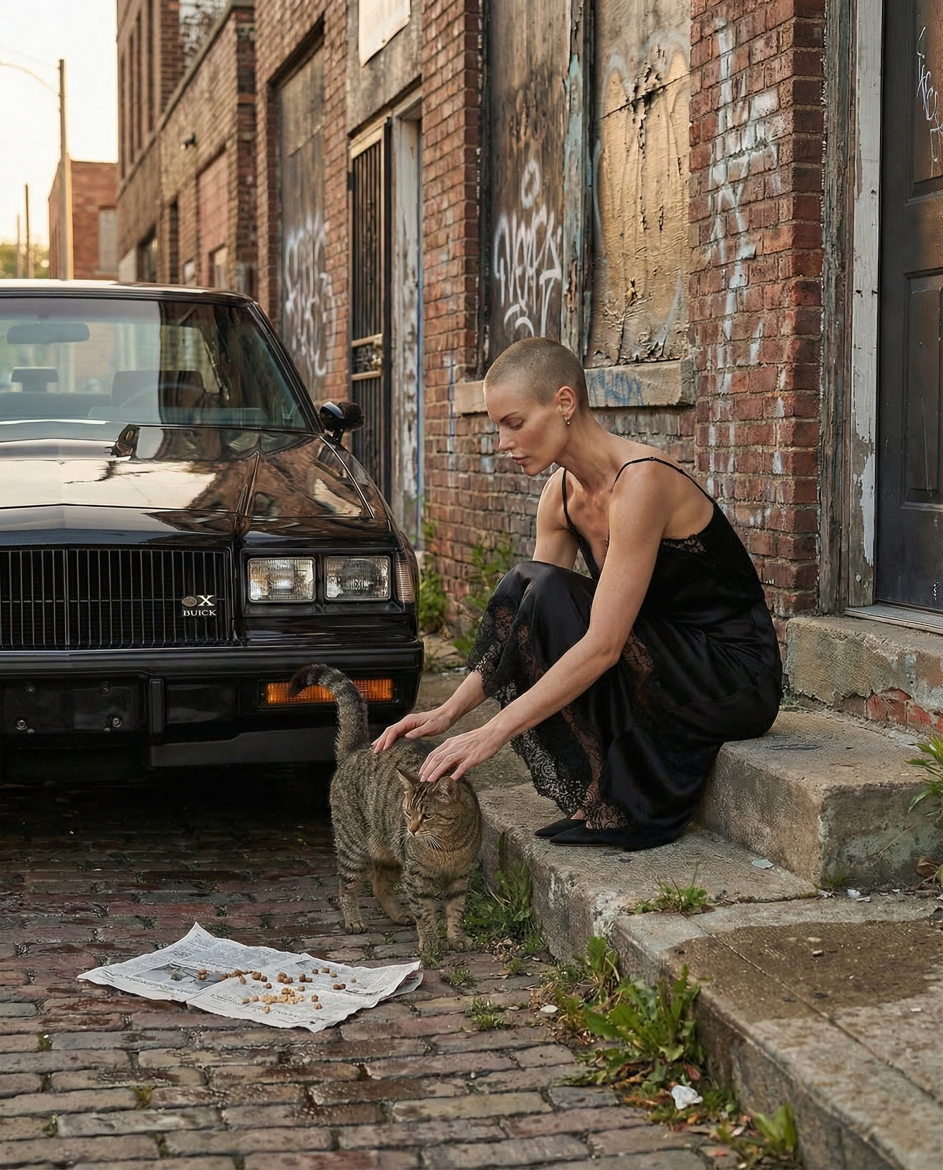 Woman in a black satin slip dress sitting on urban steps and petting a stray cat beside a 1987 Buick Grand National with cat food on a newspaper on the cobblestone street.