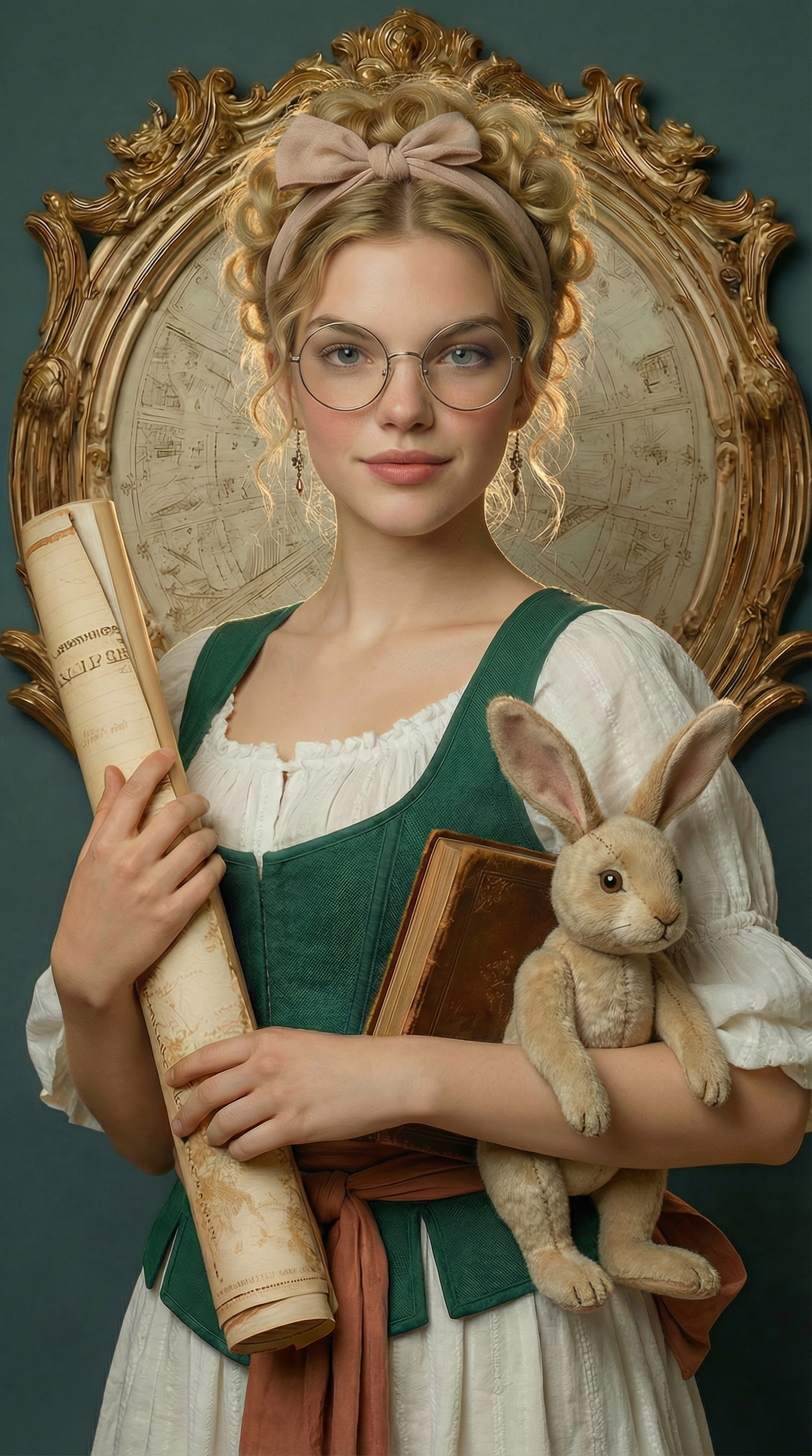 vintage inspired portrait of woman with glasses holding map scroll, book and rabbit toy in classical ornate setting