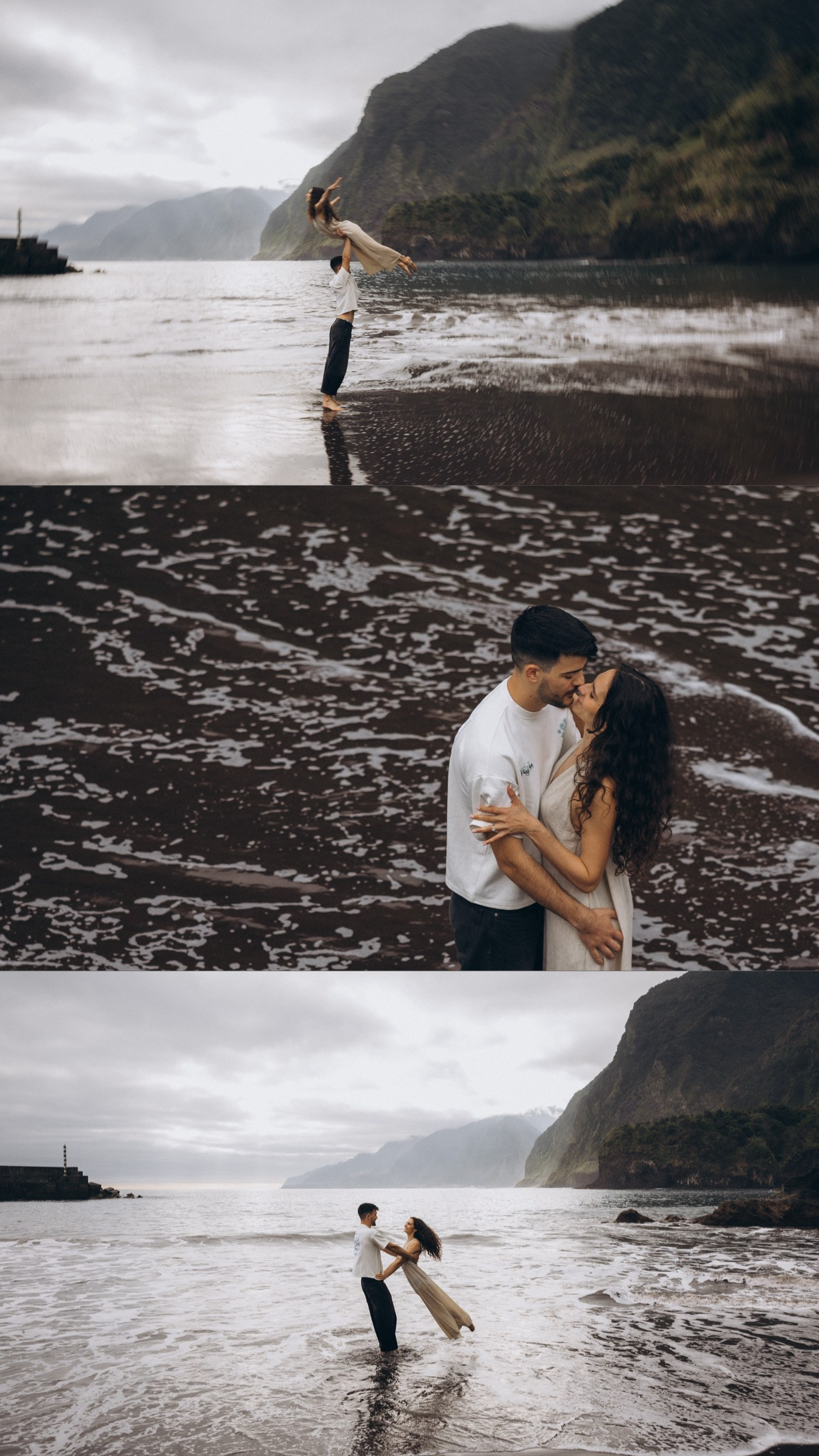 Romantic engagement session at Seixal Beach with Atlantic Ocean views.