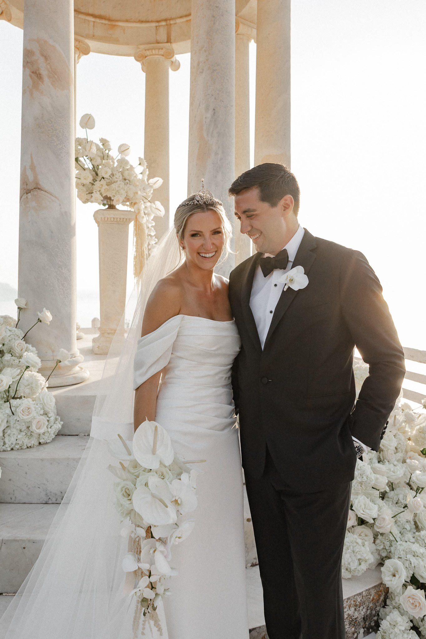 Bride and groom smiling together at their luxury wedding ceremony at Son Marroig, Mallorca