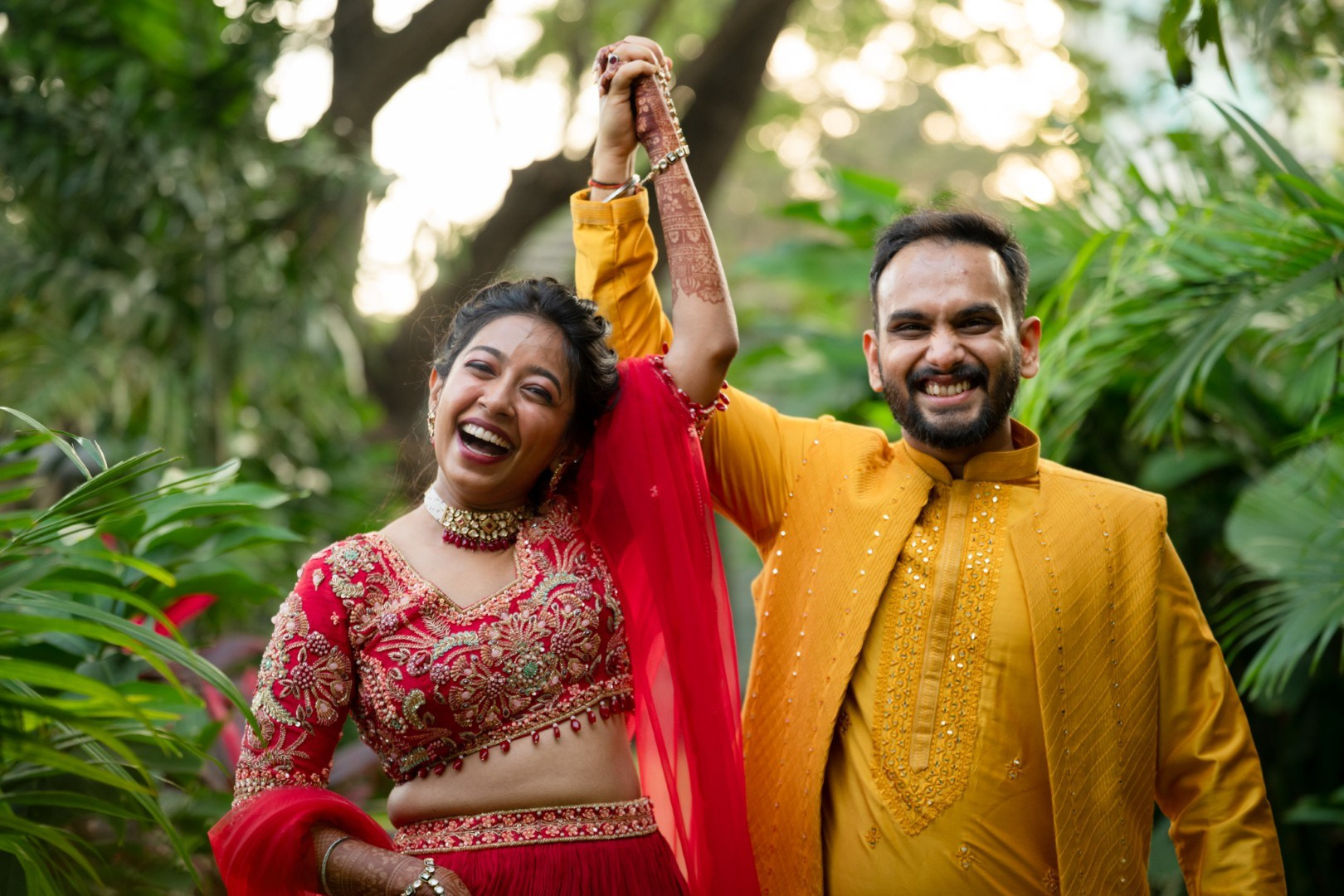 Hands in the Air: Chiranjeev & Niharika at Hyatt Centric Hebbal. Truly Yours | Documentary Wedding Photography & Films | Sharath Padaru, Bangalore