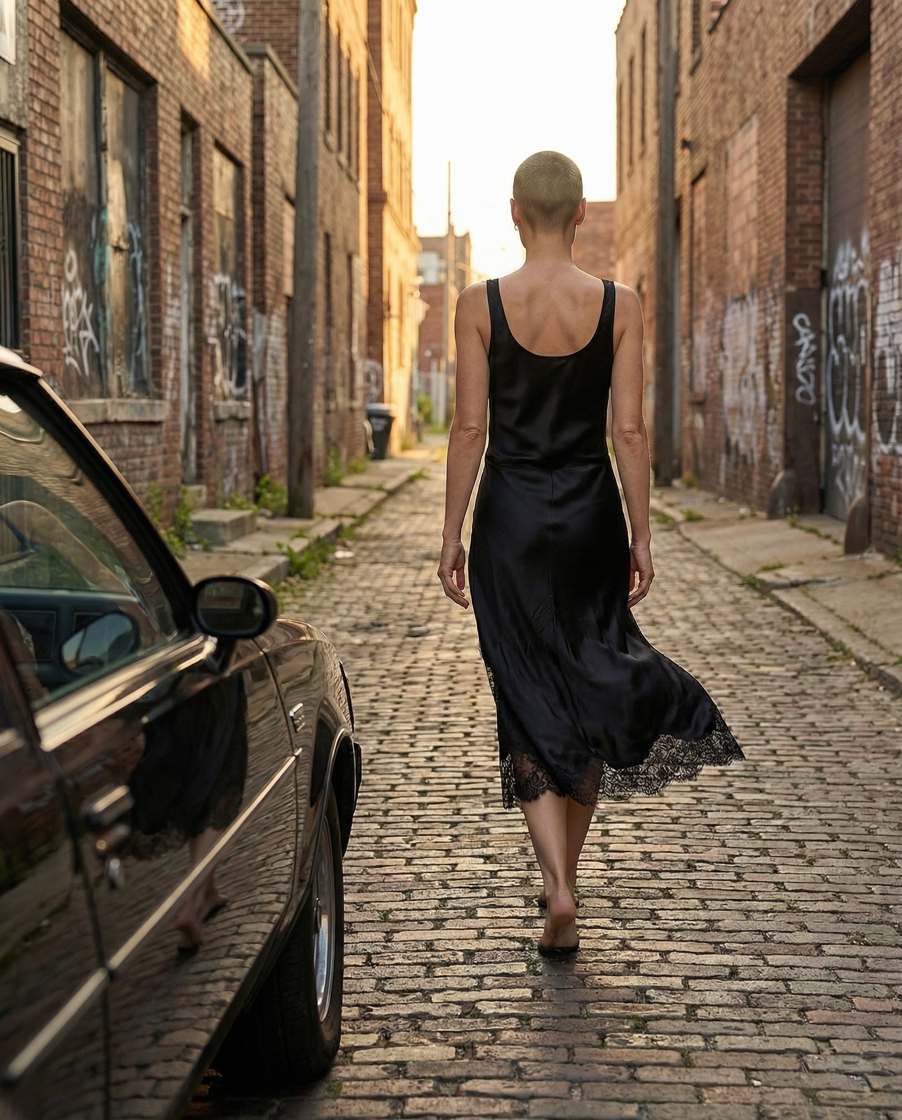 Woman in a black satin slip dress walking away along a cobblestone street between graffiti-covered brick buildings at sunset, cinematic urban fashion scene.
