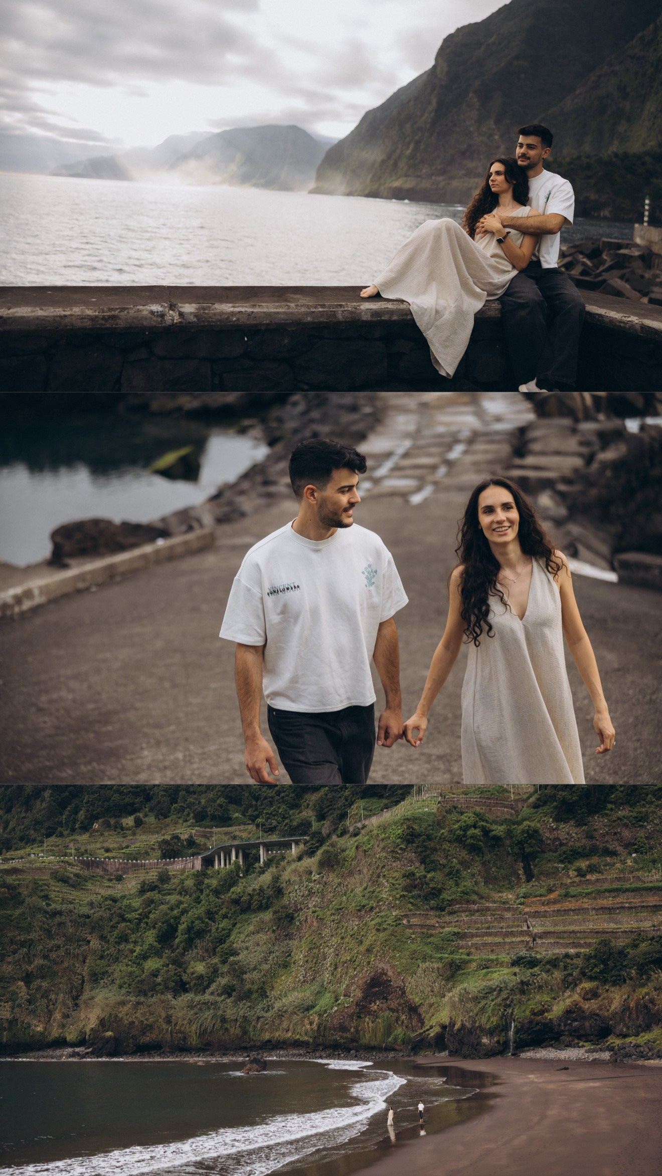 Engagement photoshoot at Seixal Beach, Madeira — romantic couple on black sand beach.