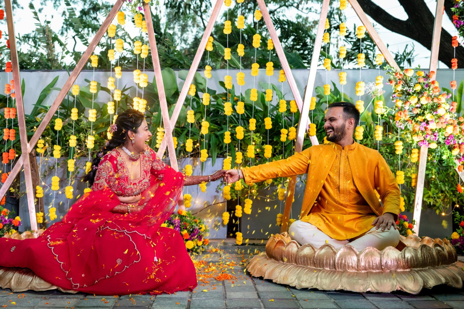 Hands in the Air: Chiranjeev & Niharika at Hyatt Centric Hebbal. Truly Yours | Documentary Wedding Photography & Films | Sharath Padaru, Bangalore