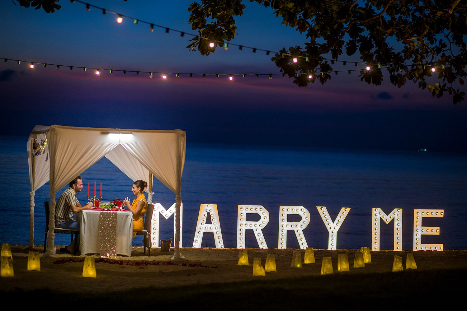 LED letters. Romantic proposal on Koh Samui, Thailand