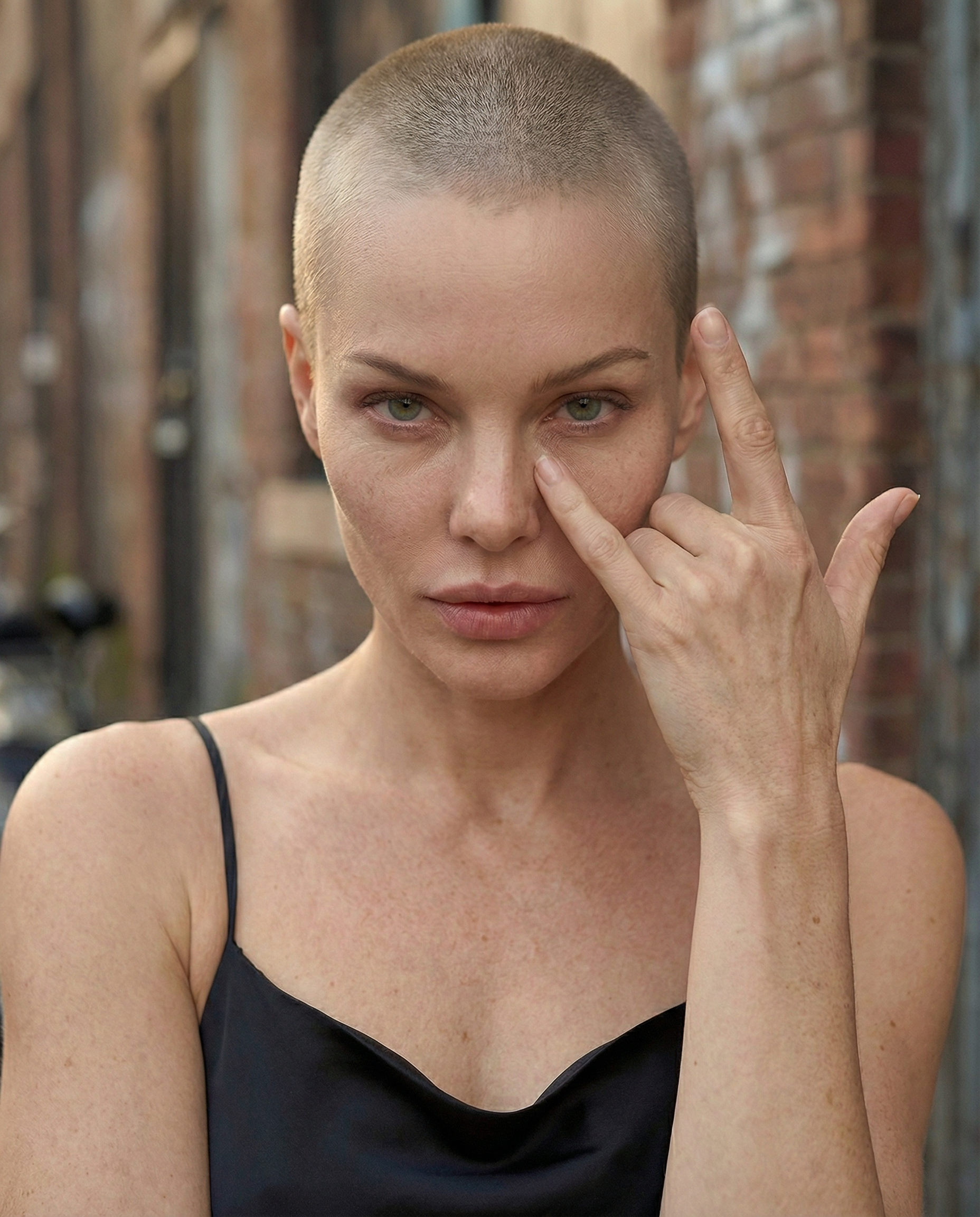 Close-up portrait of a woman with shaved hair making a rock hand gesture near her eye while wearing a black satin slip dress in an urban brick alley.