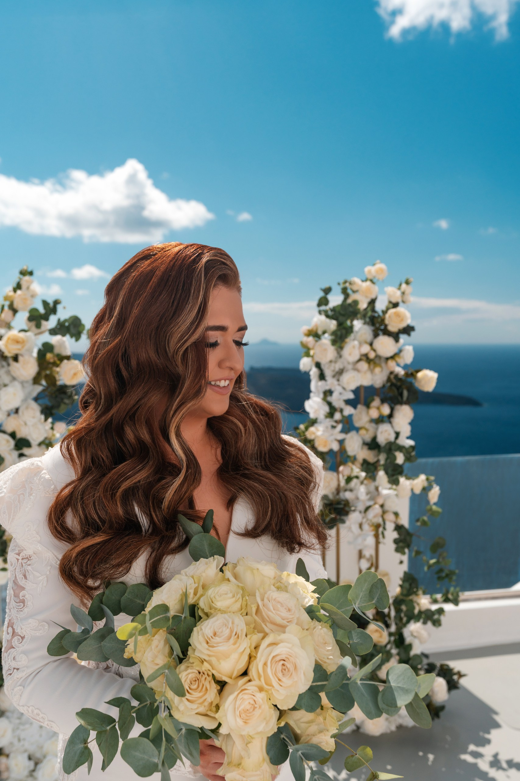 Santorini Destination Wedding Photographer | Elegant Ceremony Photos. Photographer in Santorini SokoLOVE | Flying Dress Santorini