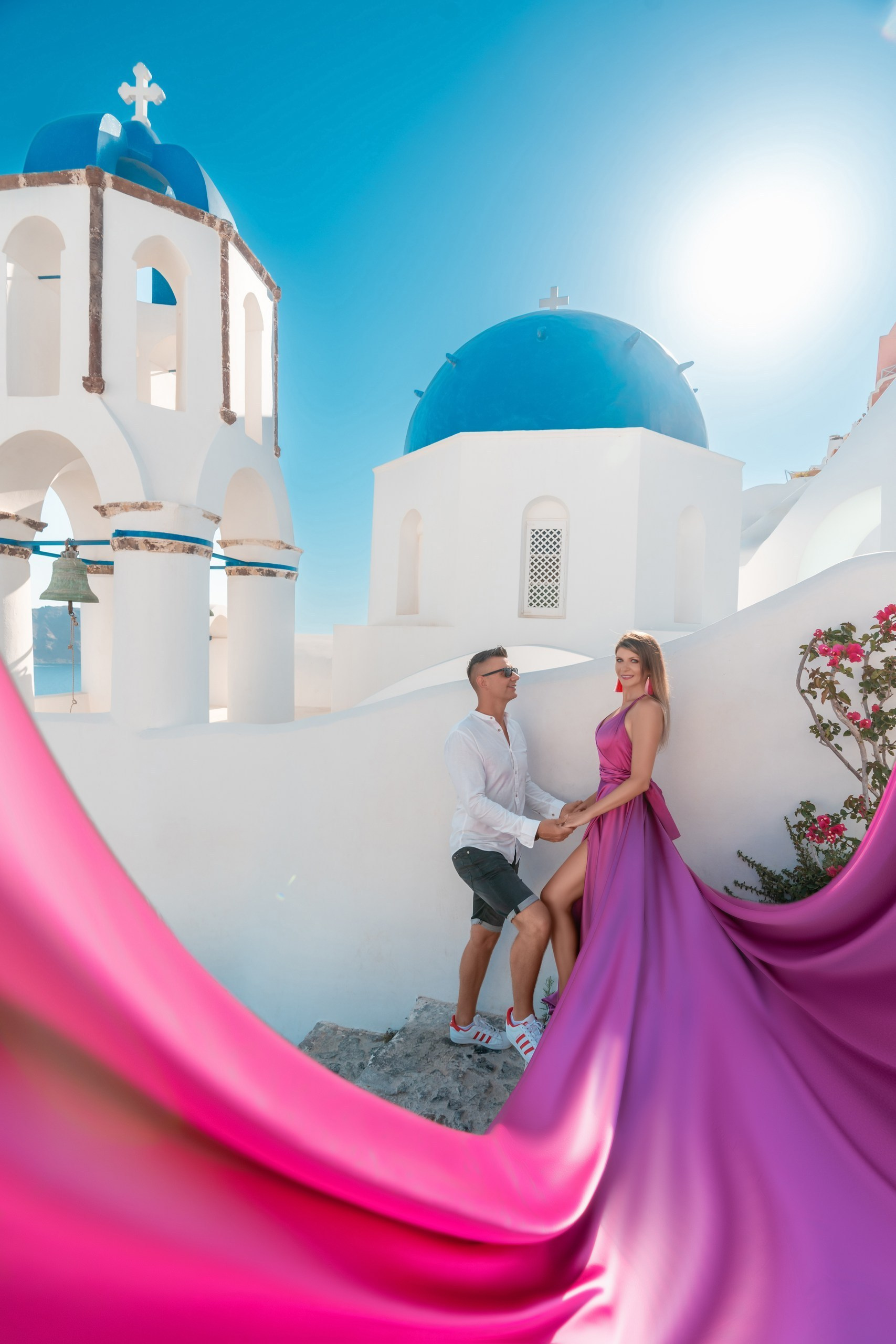 Private Photoshoot in Oia, Santorini | Blue Domes & Caldera Santorini. Flying Dress Santorini Photographer | SokoLOVE — Book 2026
