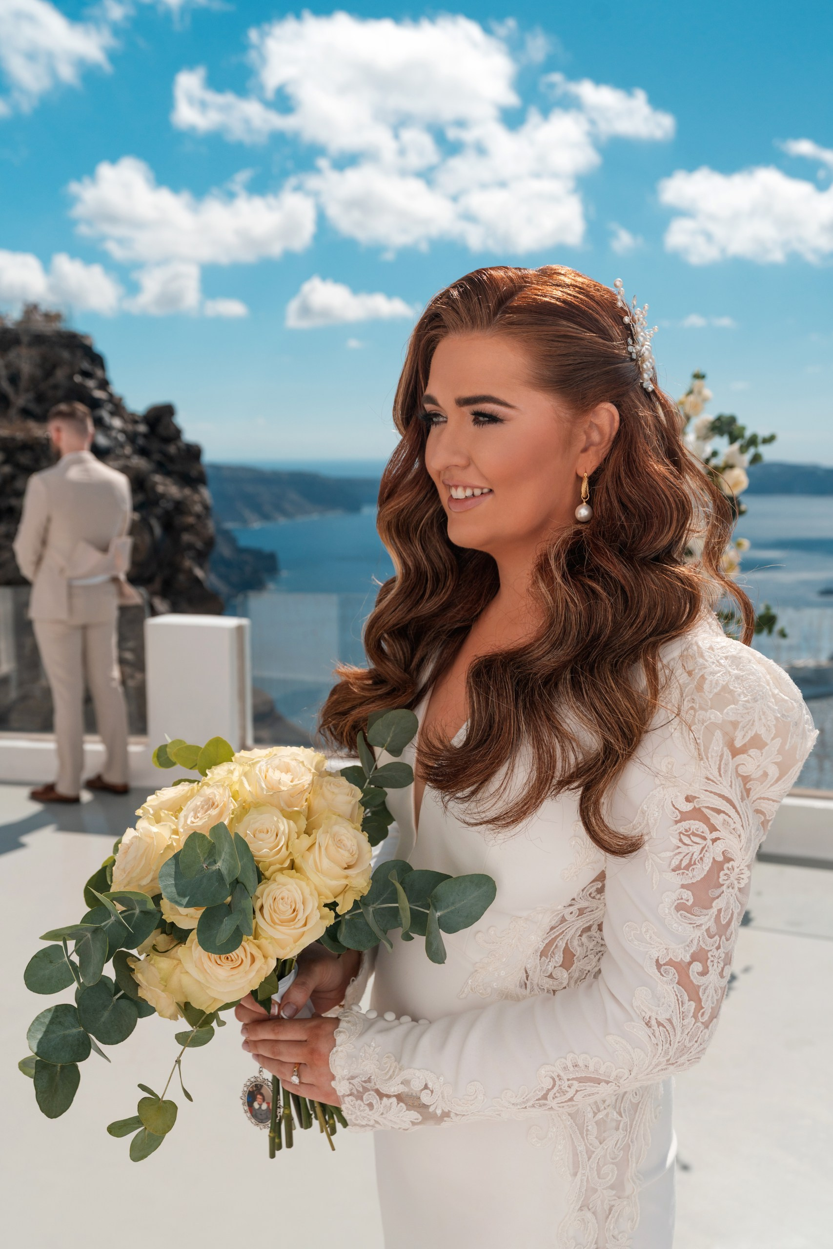 Santorini Destination Wedding Photographer | Elegant Ceremony Photos. Photographer in Santorini SokoLOVE | Flying Dress Santorini