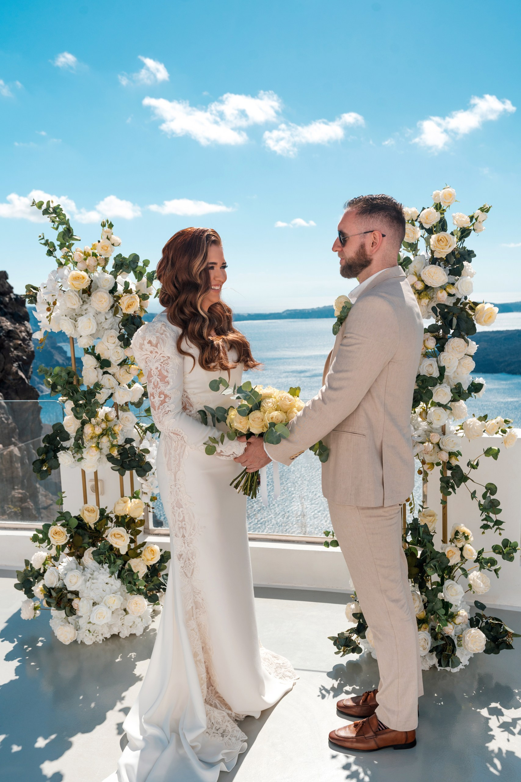 Santorini Destination Wedding Photographer | Elegant Ceremony Photos. Photographer in Santorini SokoLOVE | Flying Dress Santorini