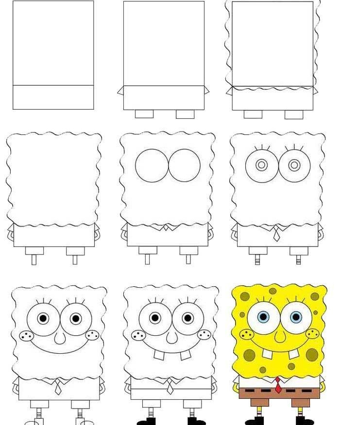 Пошаговое рисование Губки Боба (Спанч Боба). «Как нарисовать Губку Боба поэтапно: 9 шагов от прямоугольника до готового Спанч Боба с большими глазами, улыбкой, галстуком и пористой текстурой»