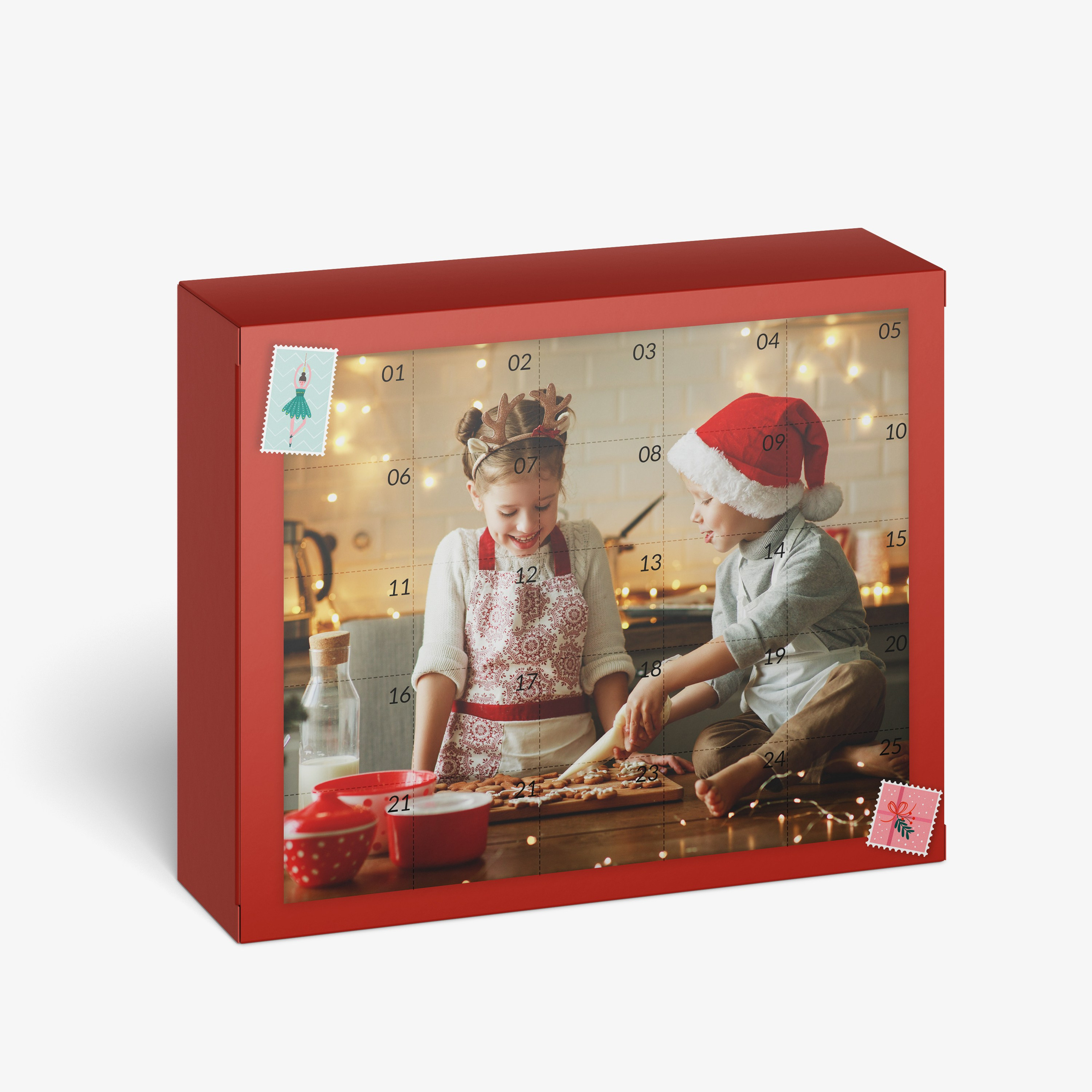 Calendario de adviento personalizado con las fotos de las sesiones de Navidad de Rainbox, con cada ventana mostrando una imagen única, brindando una experiencia festiva y personalizada