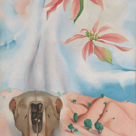 Джорджия О'Киф, Череп мула с розовыми пуансетиями, 1936 год.