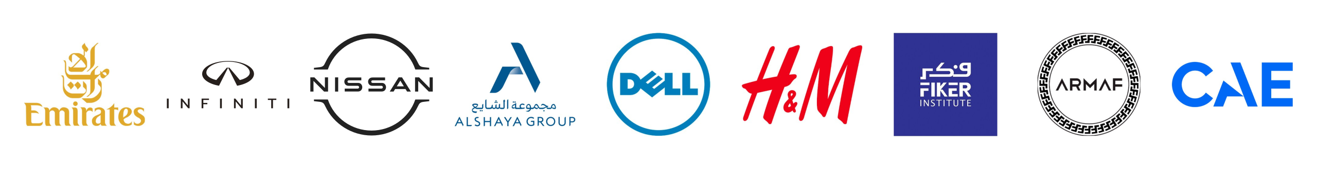 Emirates, INFINITI, Nissan, Alshaya Group, Dell, H&M, Fiker Institute, ARMAF and CAE logos.