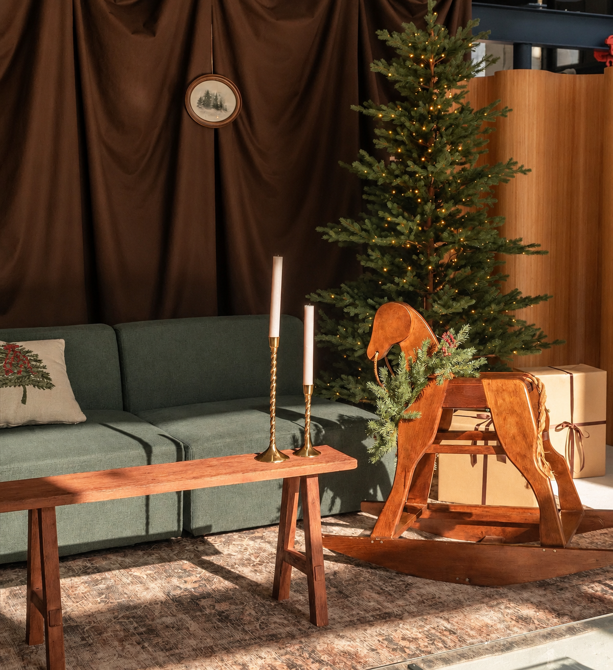Warm vintage Christmas studio setup with cozy holiday décor