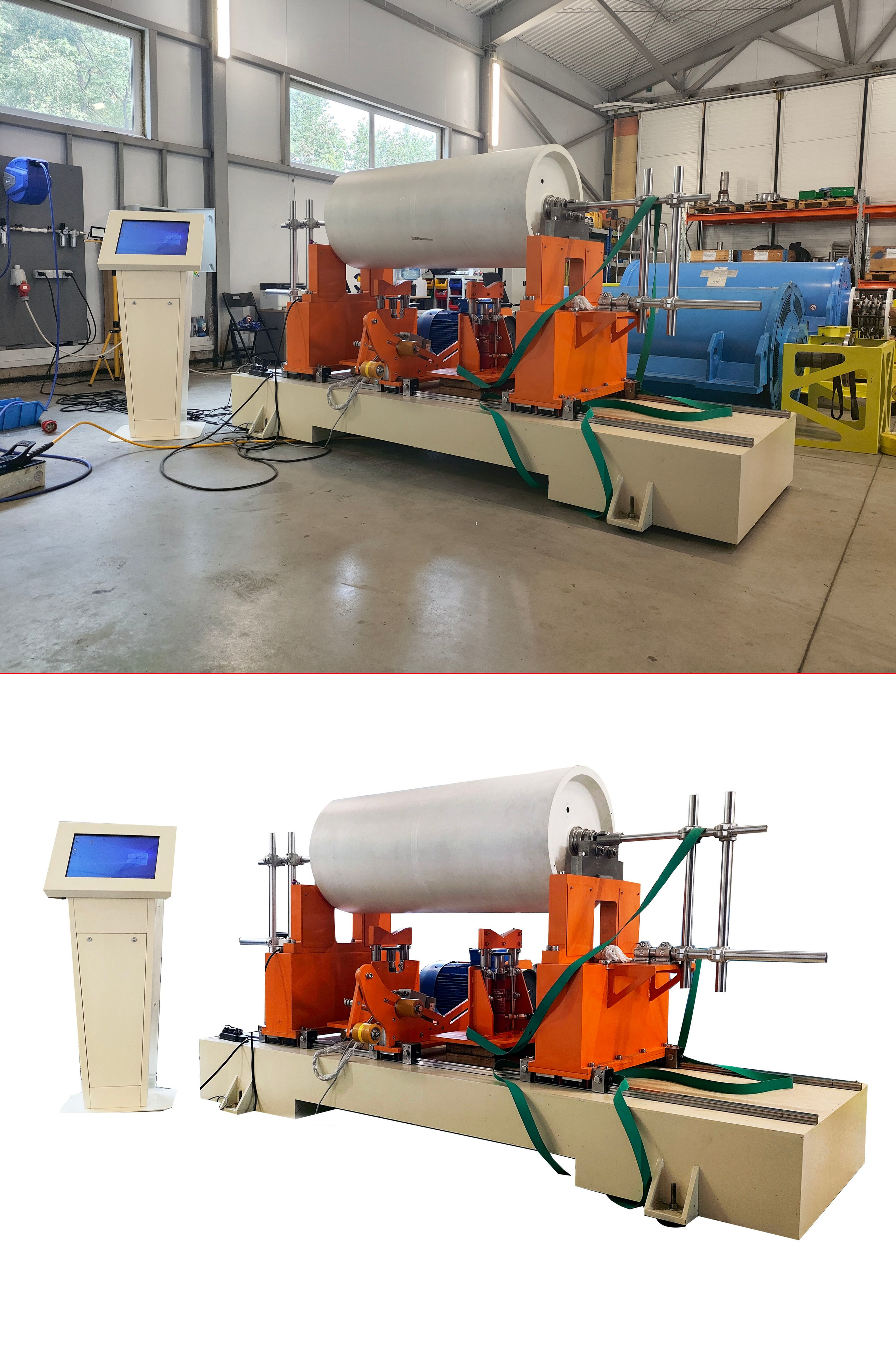 Industrial balancing machine retouching — workshop background removed and colors enhanced for commercial presentation.