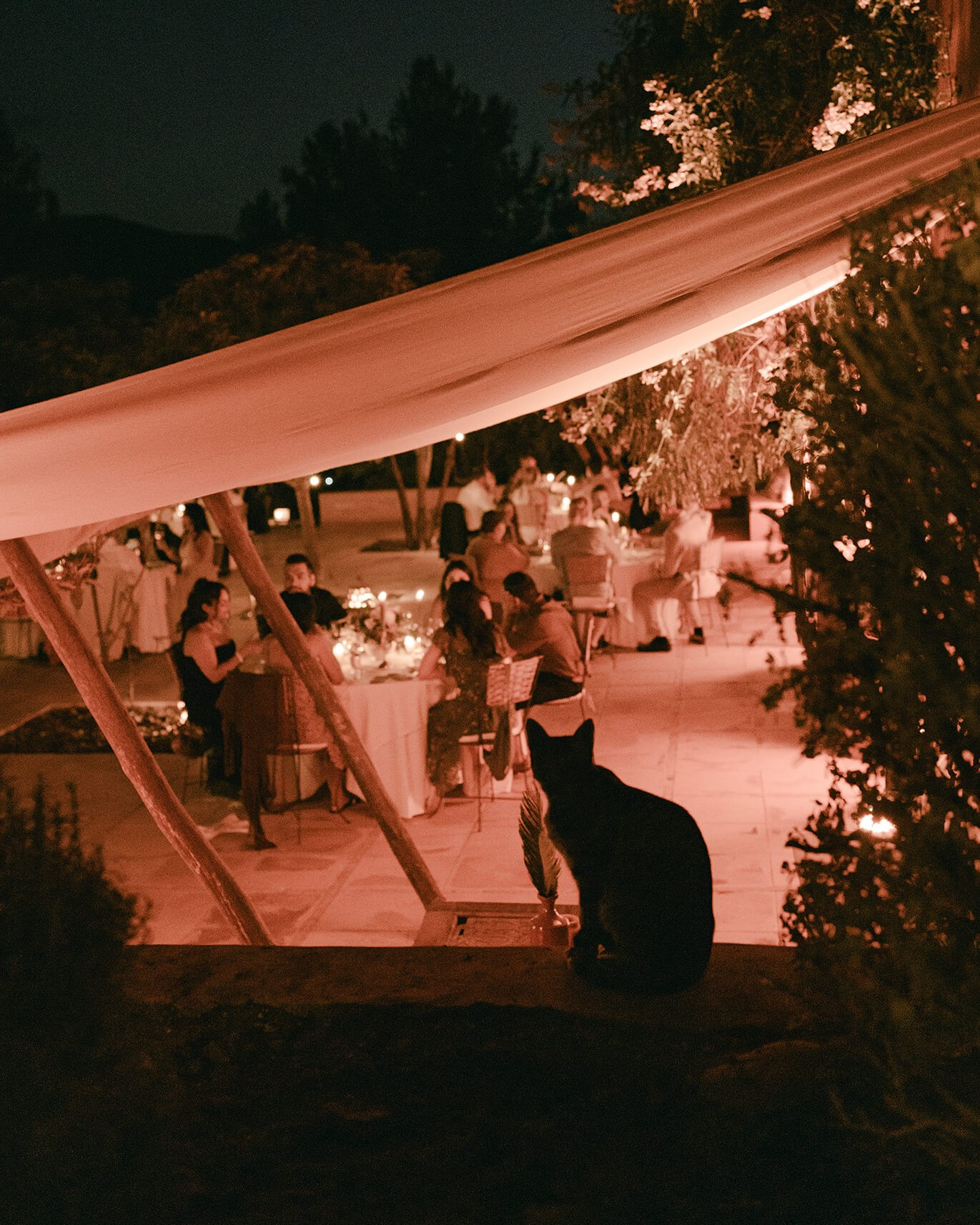 Outdoor wedding dinner under soft lighting during an elegant evening celebration in Marrakech
