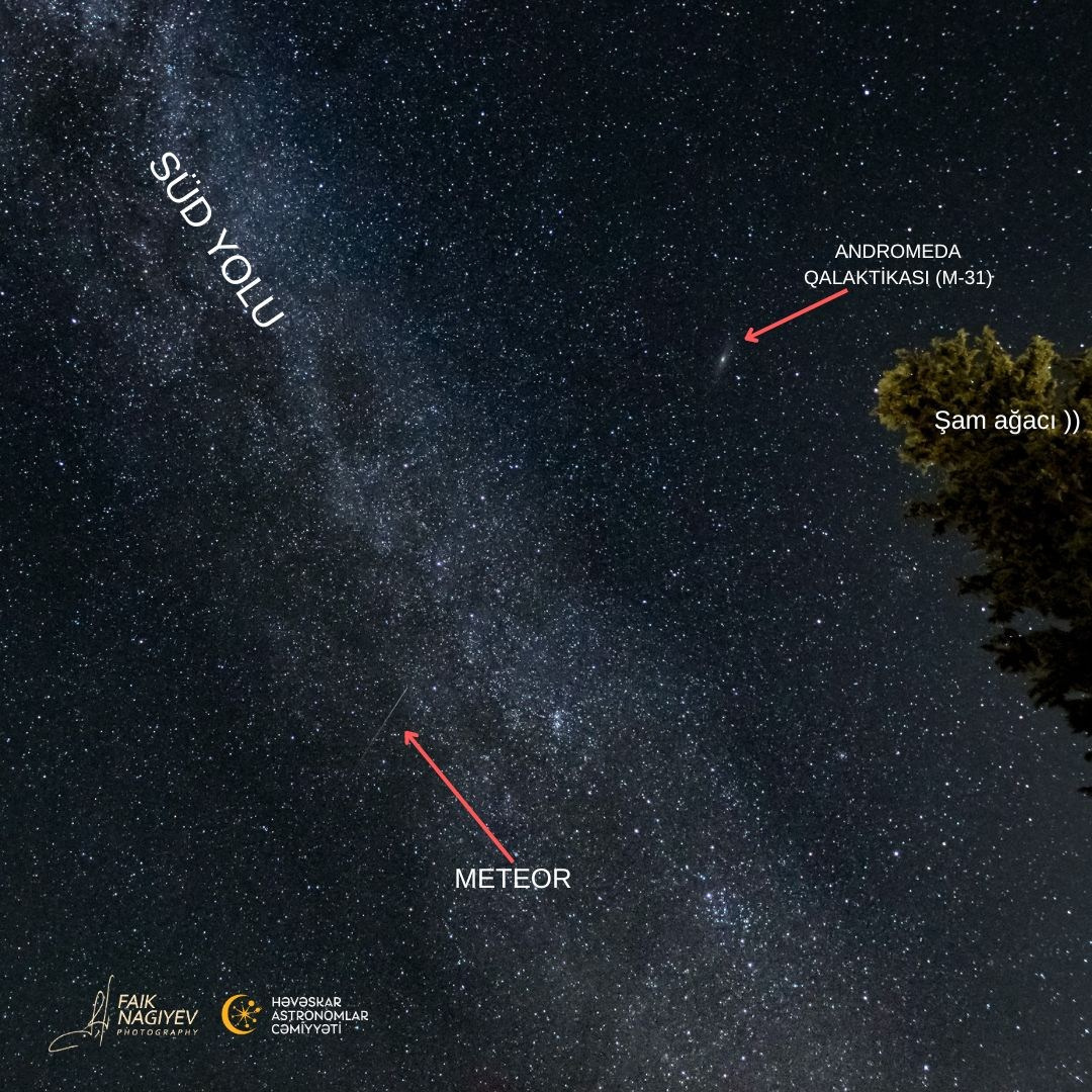 Süd Yolu, Andromeda qalaktikası və meteor. Həvəskar Astronomlar Cəmiyyəti — Astronomy.az