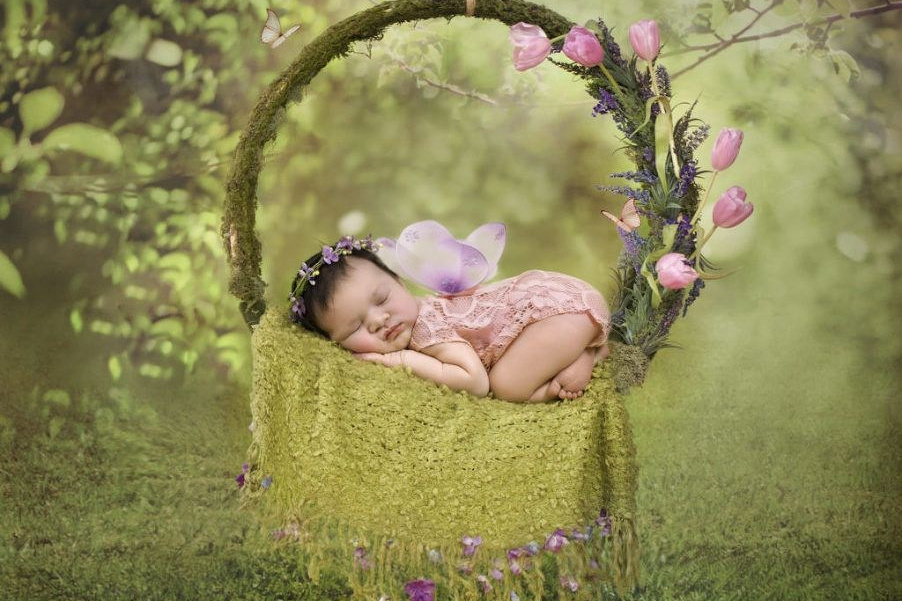 Profesionalno newborn fotografisanje u studiju - beba u korpi sa cvećem, Fotoklasa.rs